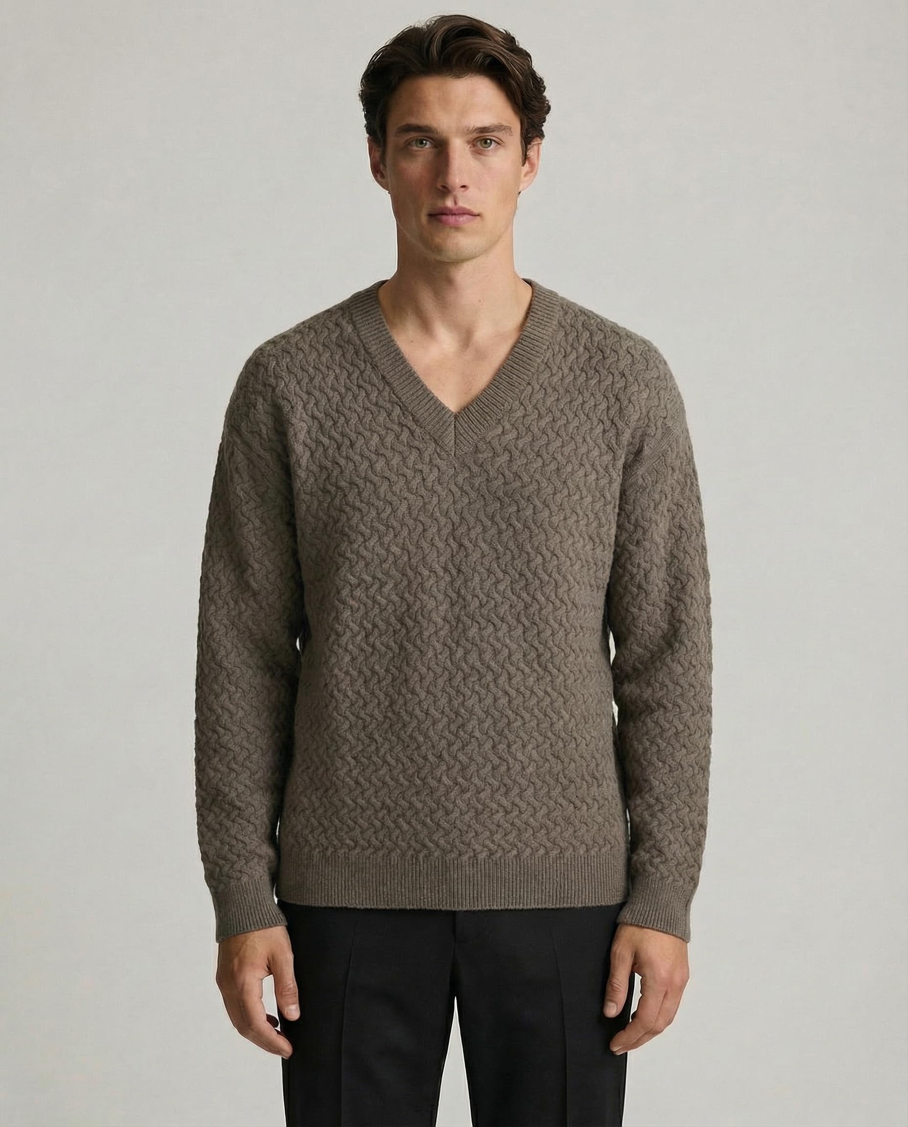 Diana Studio, Sweter z dekoltem w serek z warkoczami - męski, kaszmirowa, z długim rękawem, casualowy, szarobrązowy, XL, szary, XL-XXL