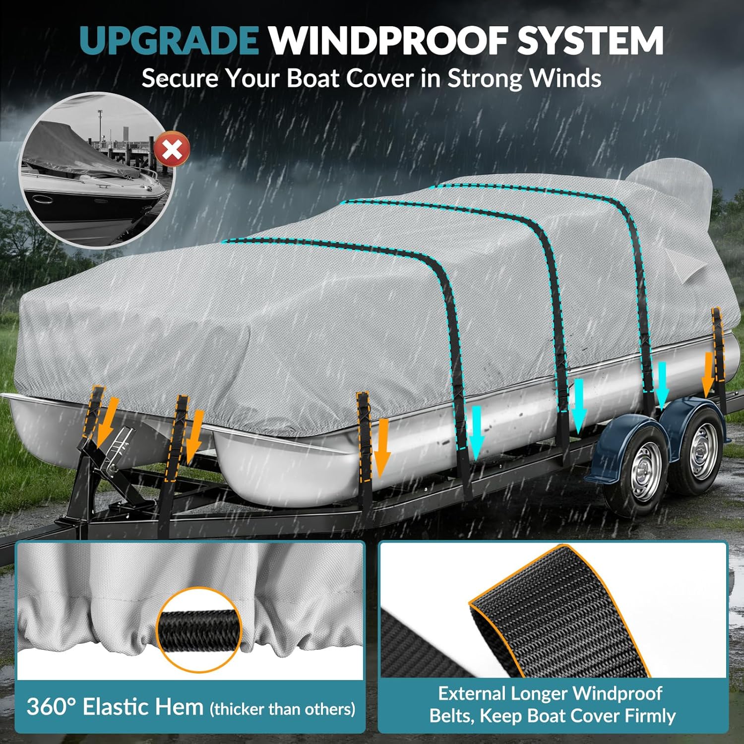 1200D Waterproof Pontoon Boat Cover with Metal Buckles,Solution-Dye Marine Canvas Trailerable Boat Cover 21-24ft for Pontoon Boat with Motor Cover,Gray