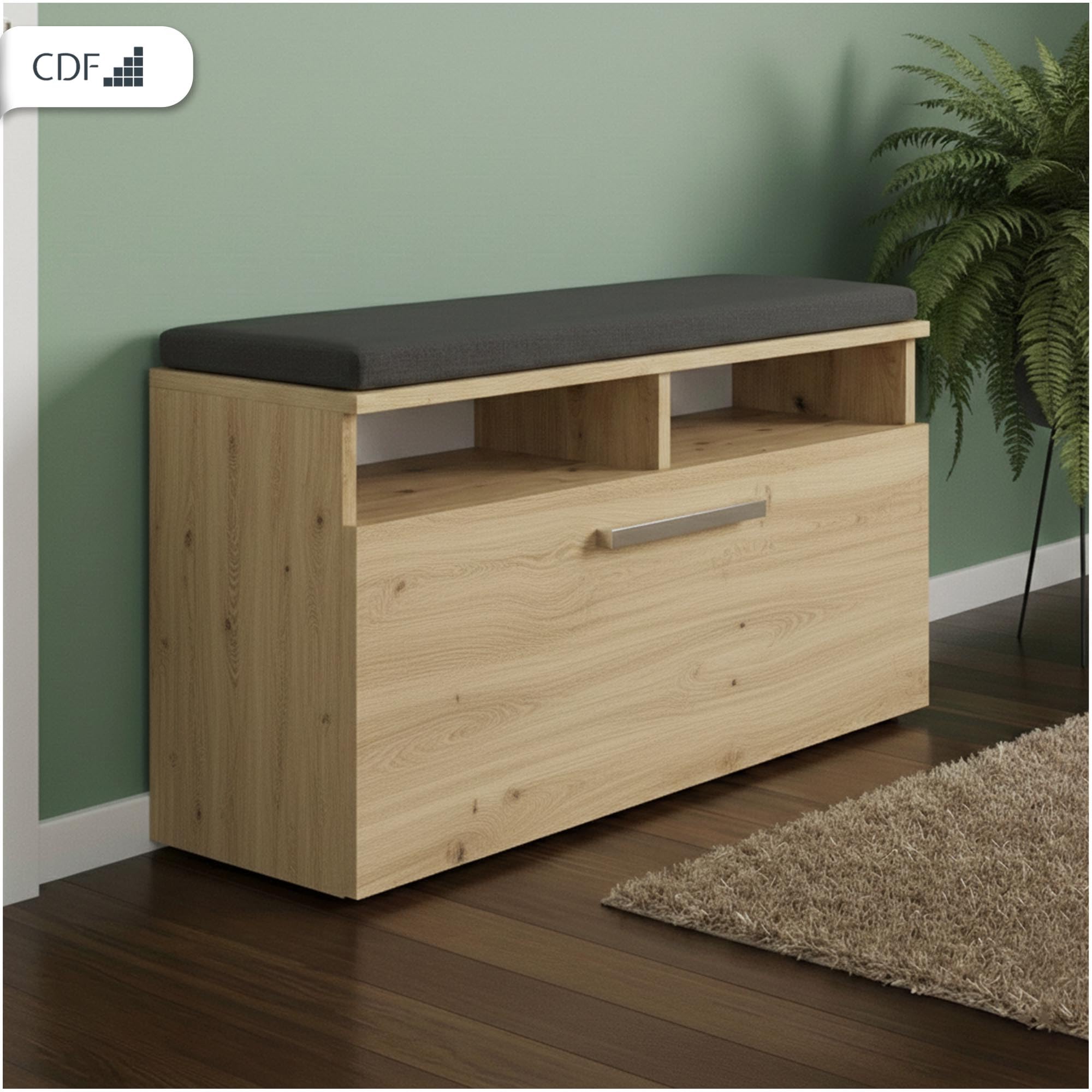 CDF Armario de zapatos Riva | Color: roble Sonoma | Ideal para pasillo, pasillo, oficina | Almacenamiento | Asiento cómodo (cojín) | Moderno | Puerta batiente