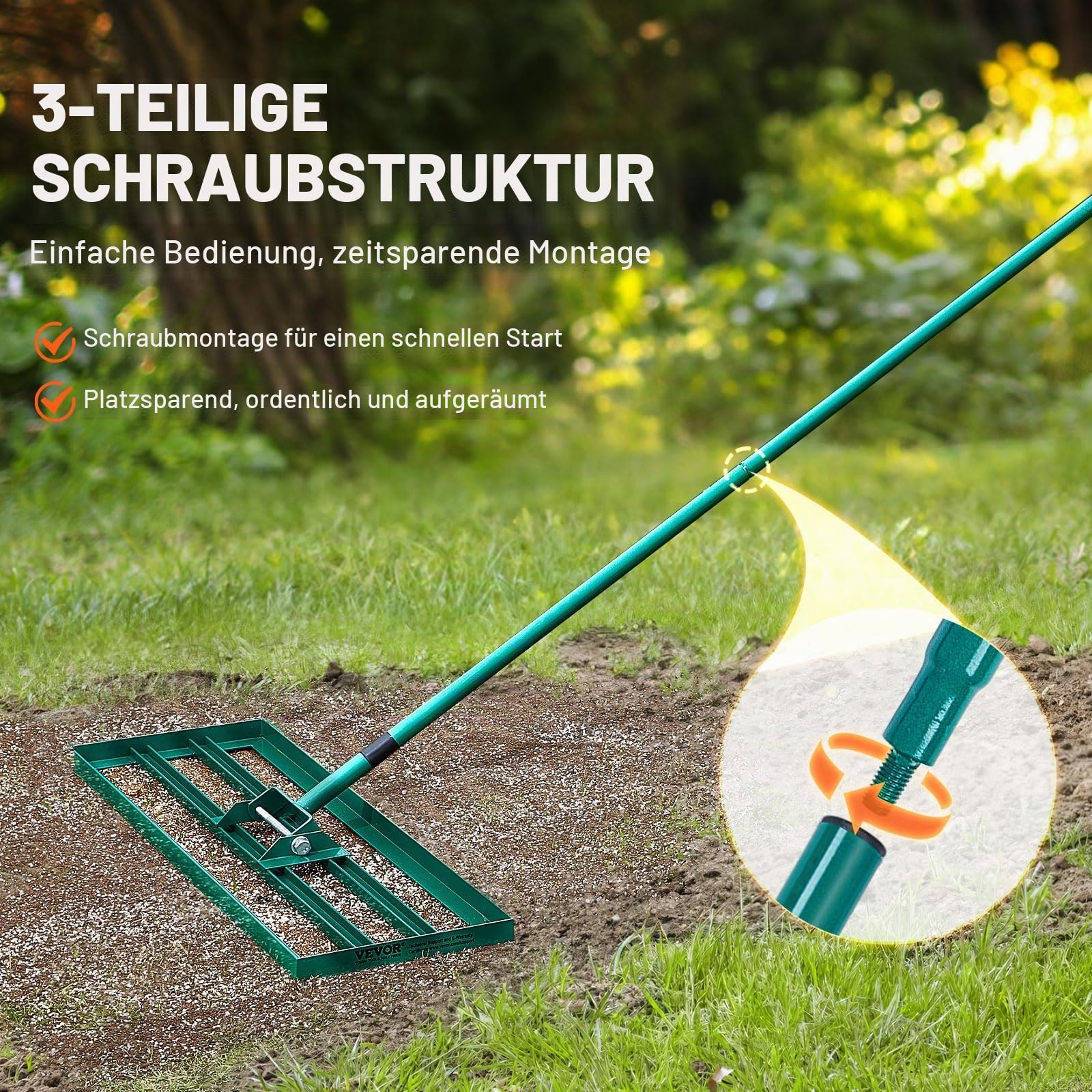 VEVOR Rasenrakel 914x254 mm Bodenplatte Levelawn-Werkzeug Aluminiumlegierung und Q235-Stahl Levelingrake 1981mm Stange Bodenplatte Golf Grass Levelawn zum Einebnen von Sand Erde Kompost und Moos