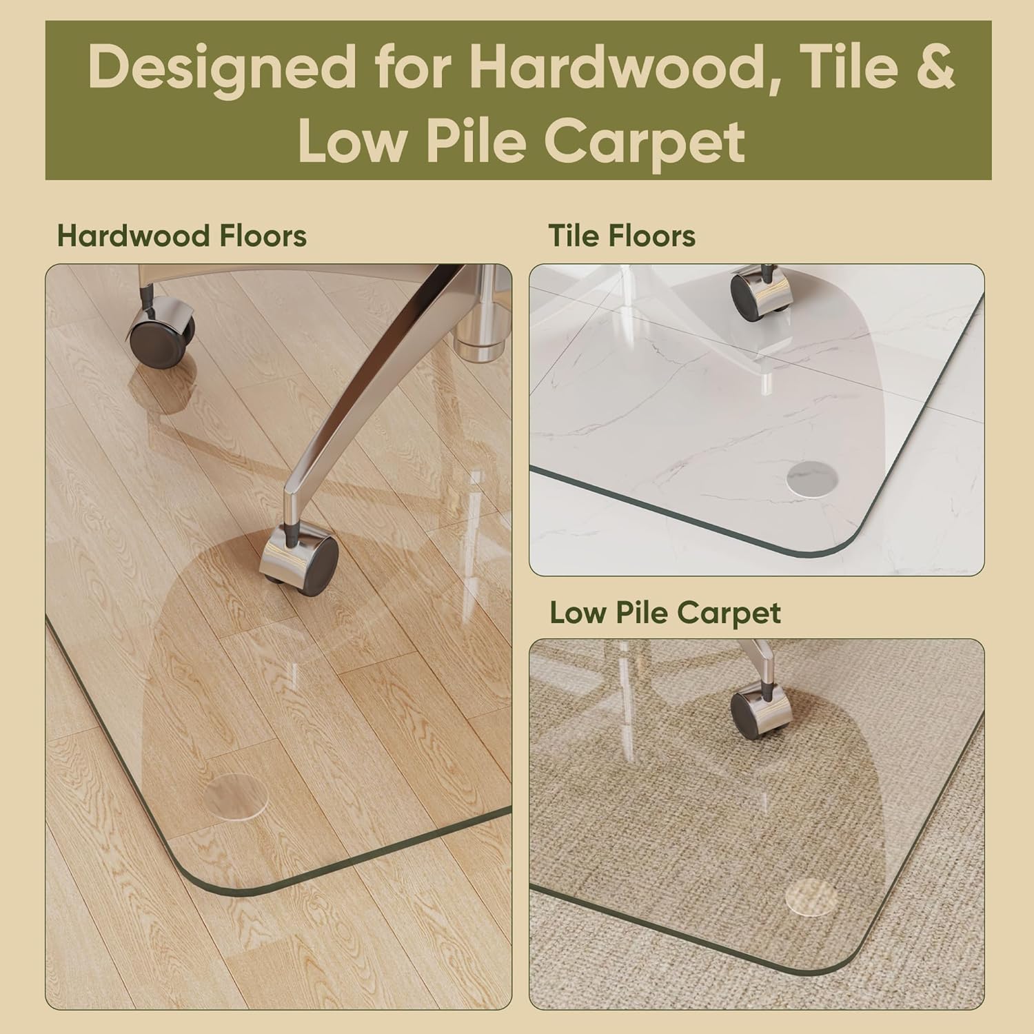 Tempered Glass Chair Mat for Hardwood Floor, 36" x 48" Heavy Duty Glass Office Chair Mat, for Low Pile Carpet, 0.2" Thick with 4 Non-Slip Pads, Smooth Rolling for Home & Office