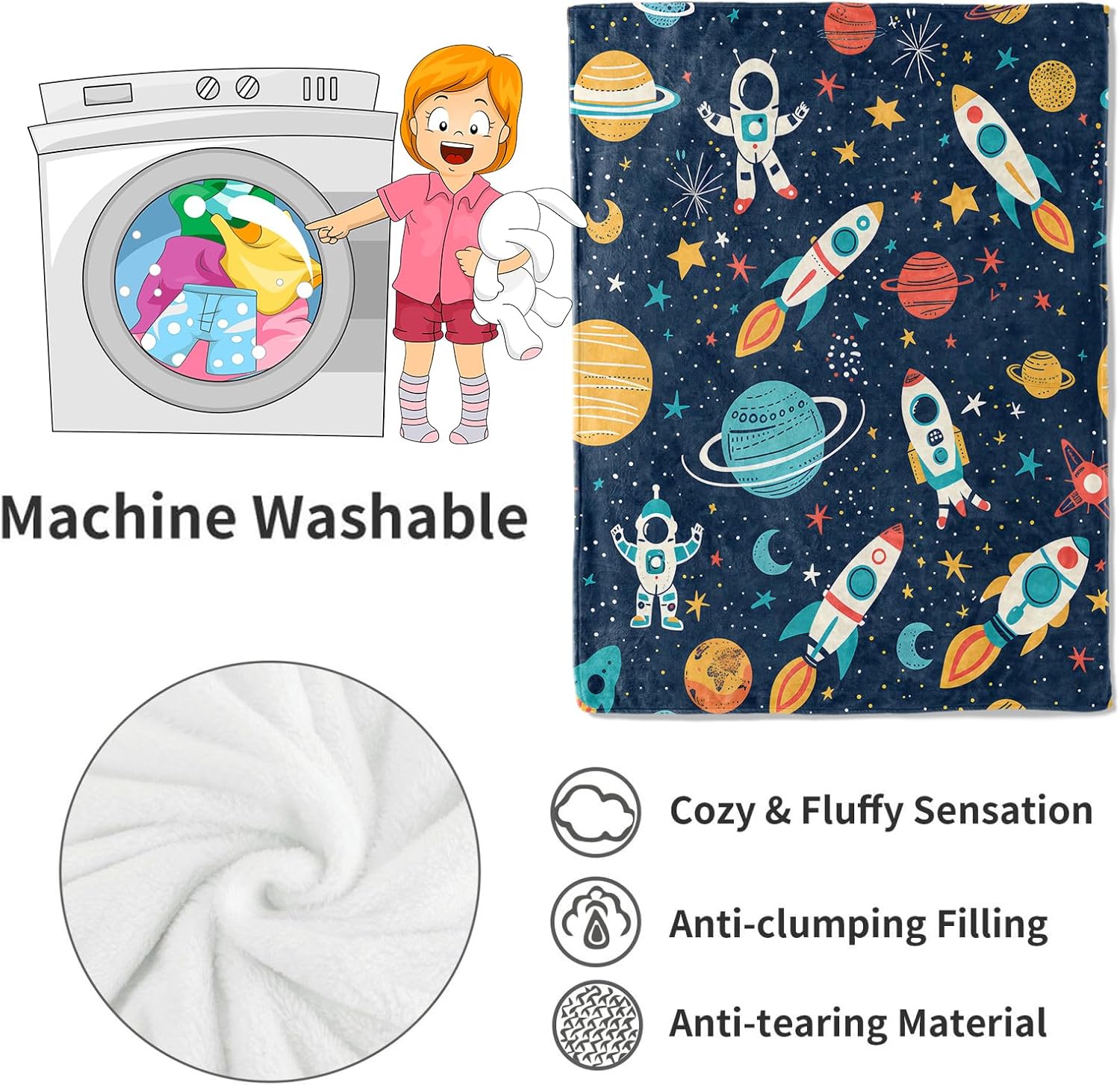 Space Adventure Blanket Cute Fun Rocket, Astronaut, and Planet Throw Blankets,Birthday Gifts for Girls Boys,Lightweight Soft Fleece for Sofa Couch Bed Room Travel Stylish Decor 50x60in