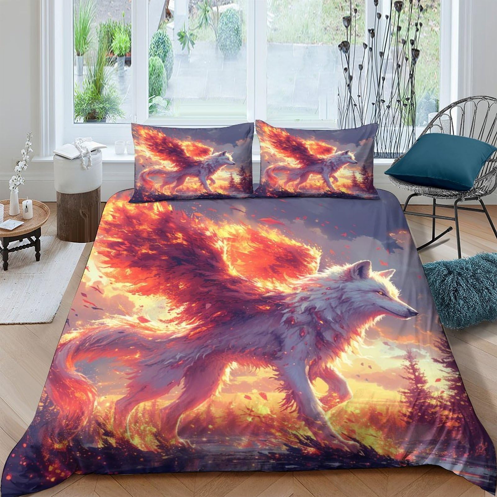 Ctjqhvkz Style-1 3D Printed Fire Wolf Fitted Sheet Microfiber Soft Orange Lion Bed Cover For Bedroom Dorm Mattress Décor Single（135X200cm）