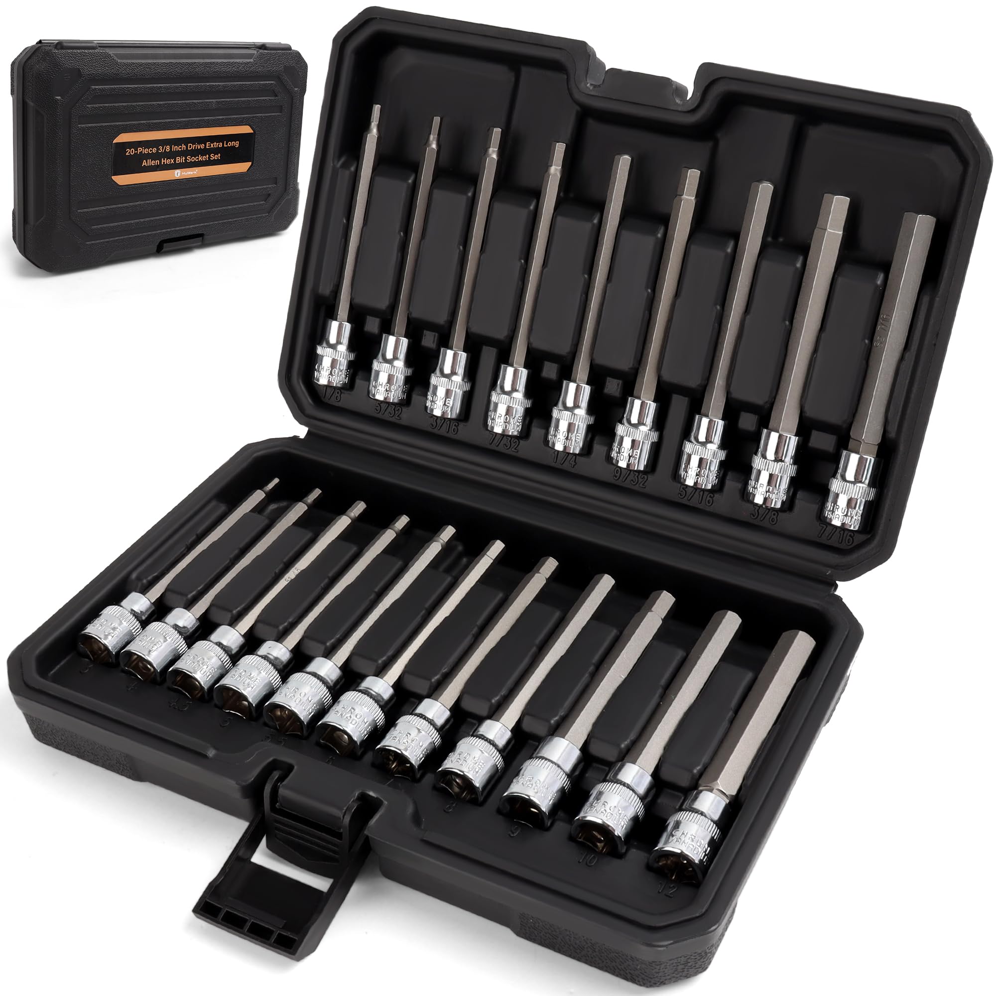 MULWARK20PC 3/8" Drive Extra Long Allen Hex Bit Socket Set - Long Allen Socket Set Contain Metric Allen Sockets 3mm - 12mm | SAE Hex Sockets 1/8'' - 7/16'' with Storage Case