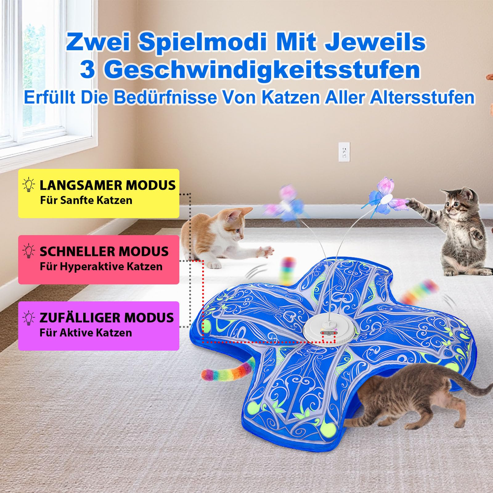 Interaktives Katzenspielzeug für Wohnungskatzen, [Neu aufgewertet] Wiederaufladbar, berührungsaktiviertes Versteckspiel-Katzenspielzeug mit flatterndem Spielzeug (Blau)