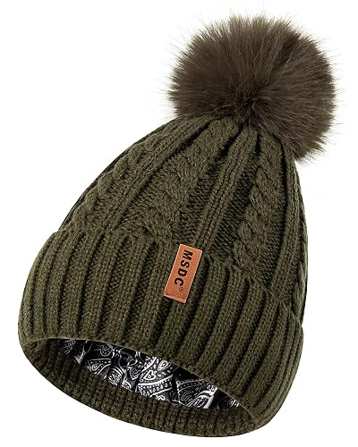 MSDC Satin Lined Beanie for Women with Pom Pom, Warm