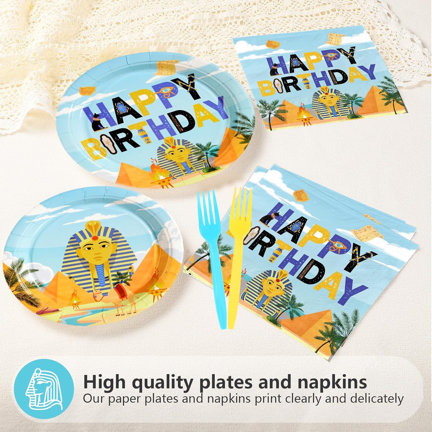 96Pcs Egypt Birthday Party Supplies Egyptian Theme Plates and Napkins Ancient Egypt Tableware Set for Boys Girls Adults Egyptian Themed Birthday Baby Shower Party Supplies, Serves 24
