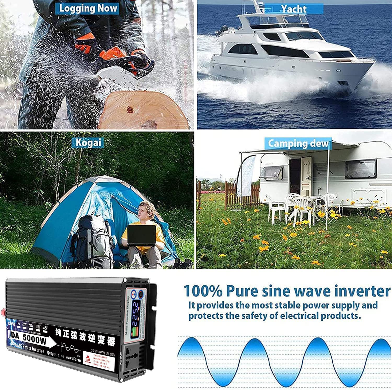 Falownik, przetwornice mocy, 3000 W 4000 W 5000 W 6000 W 8000 W Czysta fala sinusoidalna Przetwornica prądu stałego DC12V/24V na AC 220V 230V 240V z gniazdami prądu przemiennego i wyświetlaczem LED dl