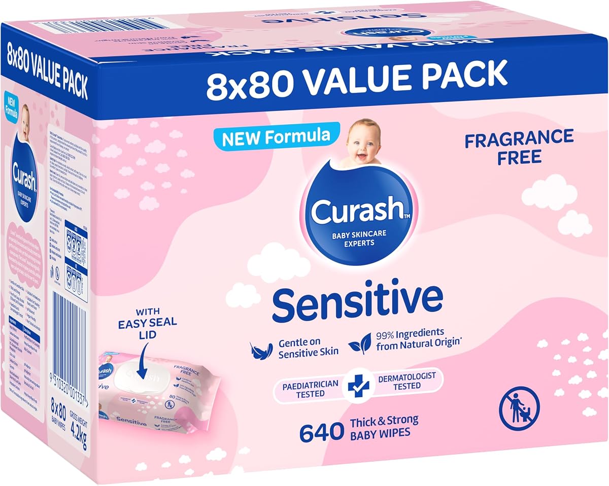 New Formula Curash Fragrance Free Baby Wipes, 8x80 Pack, For Sensitive Skin, Suitable for Newborns, Thick & Soft Texture, No Soap, Alcohol Or Parabens, Everyday Cleansing And Nappy Changes, 640 Wipes (packaging may vary)
