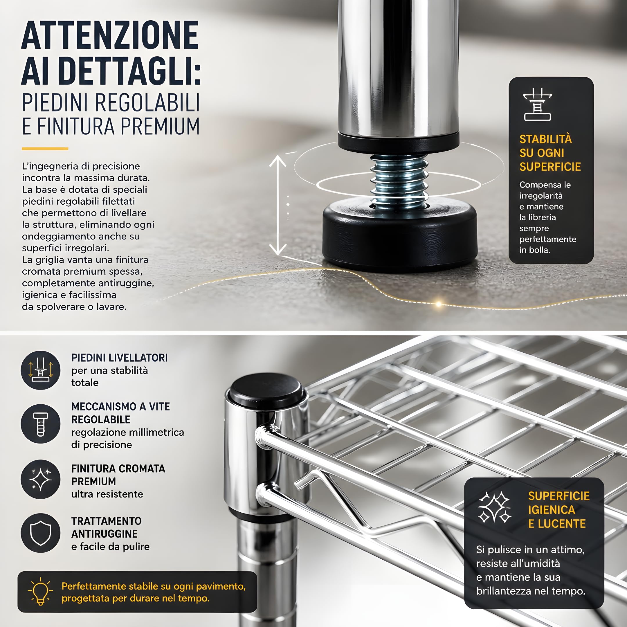 Scaffaliera grigia cromata a 3 ripiani con ruote bloccabili e maniglione, altezza dei ripiani e piedini di livellamento regolabili, peso massimo 400 kg, Cromo, 46 x 61 x 94 cm (P x L x H)