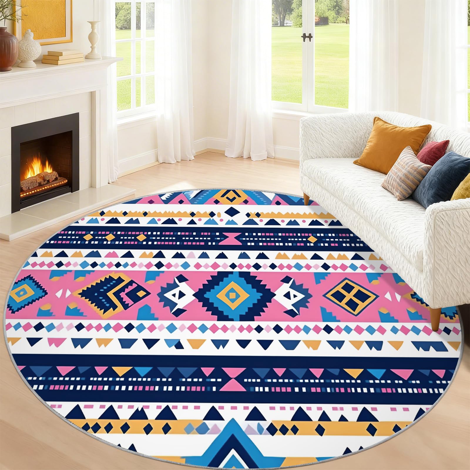 Tapis rond aztèque – Tapis géométrique tribal pour cuisine, ethnique bohème – Tapis circulaire pour salle à manger – Tapis lavable antidérapant coloré sud-ouest – 1,5 m
