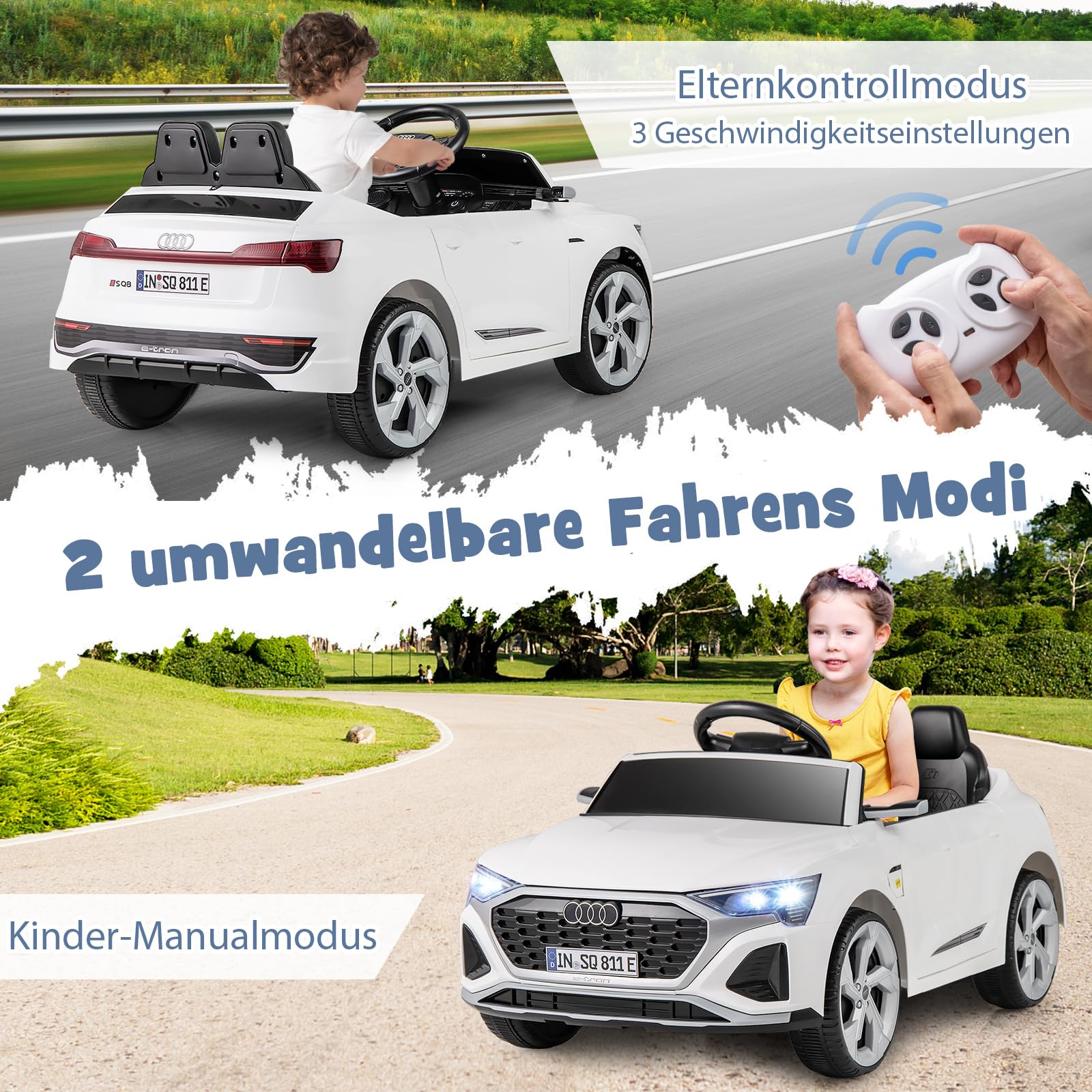 COSTWAY Kinder Elektroauto Audi SQ8, 12V Elektrofahrzeug mit 2,4G Fernbedienung & Hupe & Scheinwerfer & Musik, 3-Gang Kinderauto Elektrisch, Elektroauto für Kinder ab 3 Jahren (Weiß)