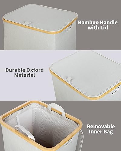 Miniatura 5 de efluky Cesta de lavandería con tapa y bolsa extraíble, cesta de lavandería de 100 litros de alto con asas de bambú, papelera estética para ropa Gris