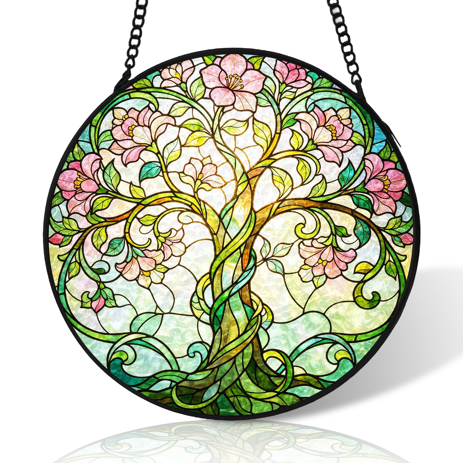 8 inch Tree of Life Suncatcher,Pink Flower Stained Glass Windows Hanging Ornament Home Decor,Suncatchers for Windows Hanging,Birthday Gifts for Women,Grandma,Mom,Lovers,Family(Black)