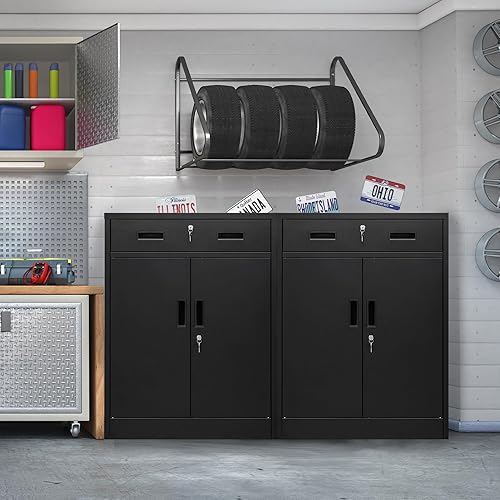 Miniatura 13 de CMY Armario de almacenamiento de metal con dos cajones, gabinetes de acero de 36 pulgadas de alto con estante ajustable, armario de almacenamiento