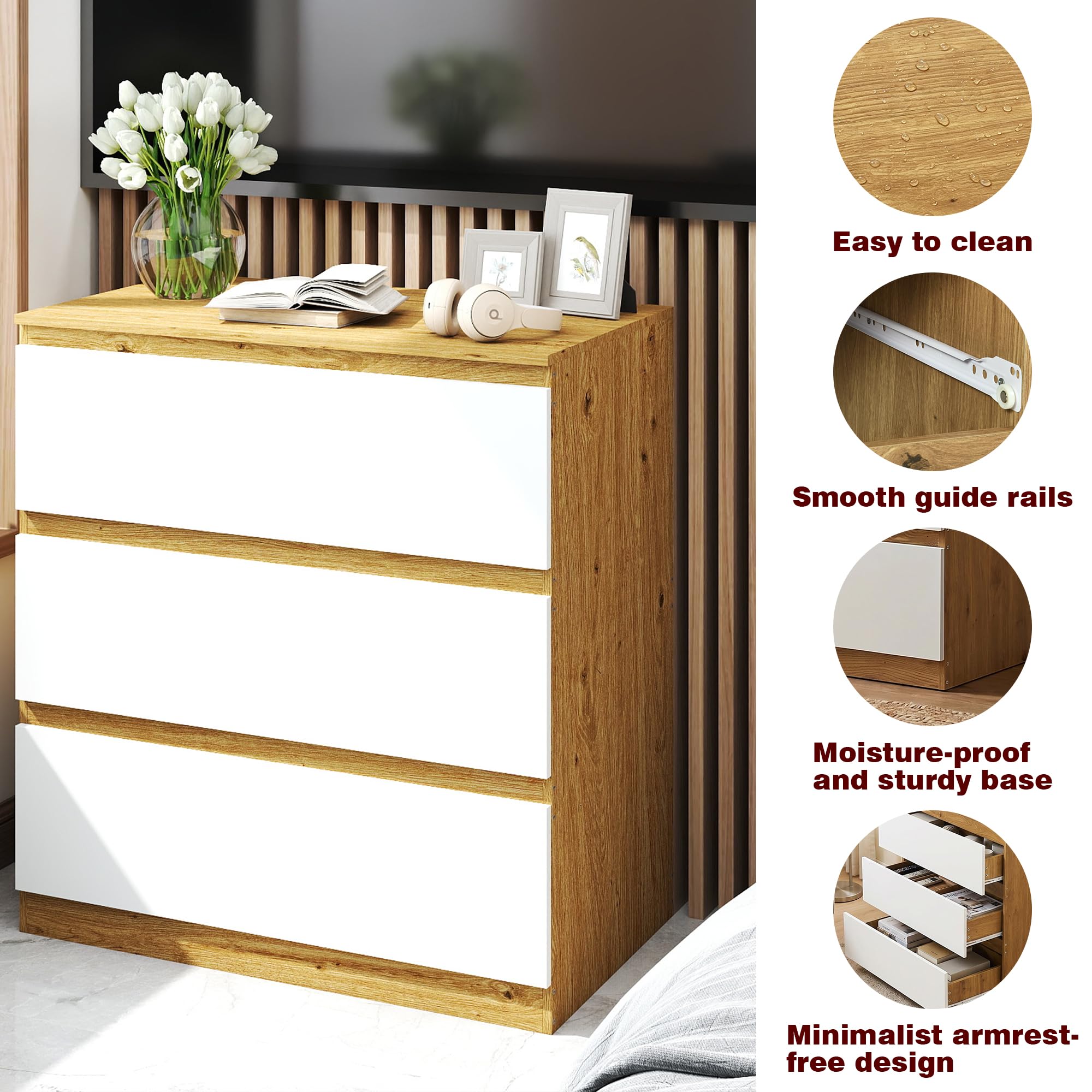 Cajonera Dormitorio, Comoda con 3 Cajones, 70 cm Ancho, Moderno Mueble Cajonera para Salón, Dormitorio, Habitación De Los Niños, Oficina, Blanco/Roble, 70×40×75 cm