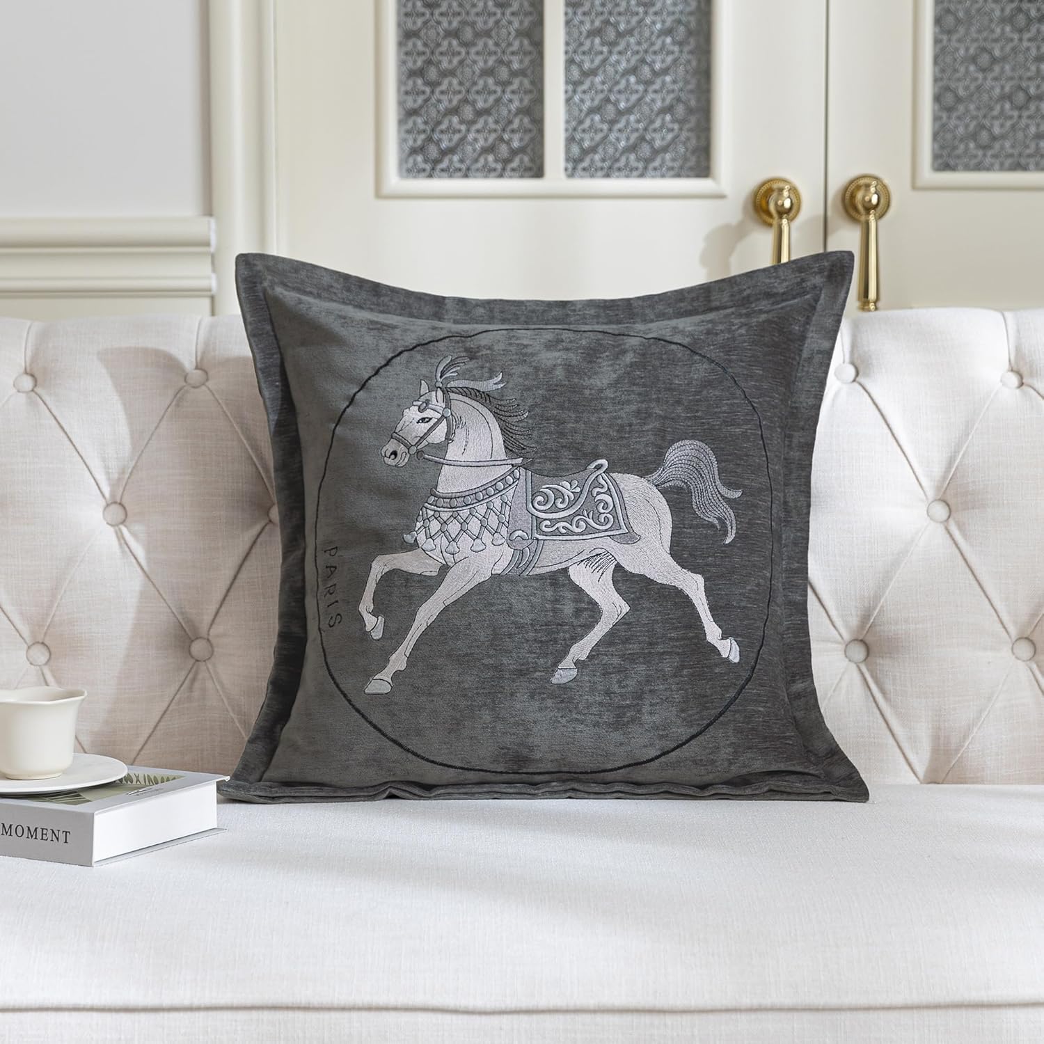 1-Piece Luxury Decorative Throw Pillow Covers 20x20 Inch, Horse Embroidery Chenille Cushion Cover, Modern Style Square Pillowcase for Living Room Bedroom Couch Sofa(Dark Gray)