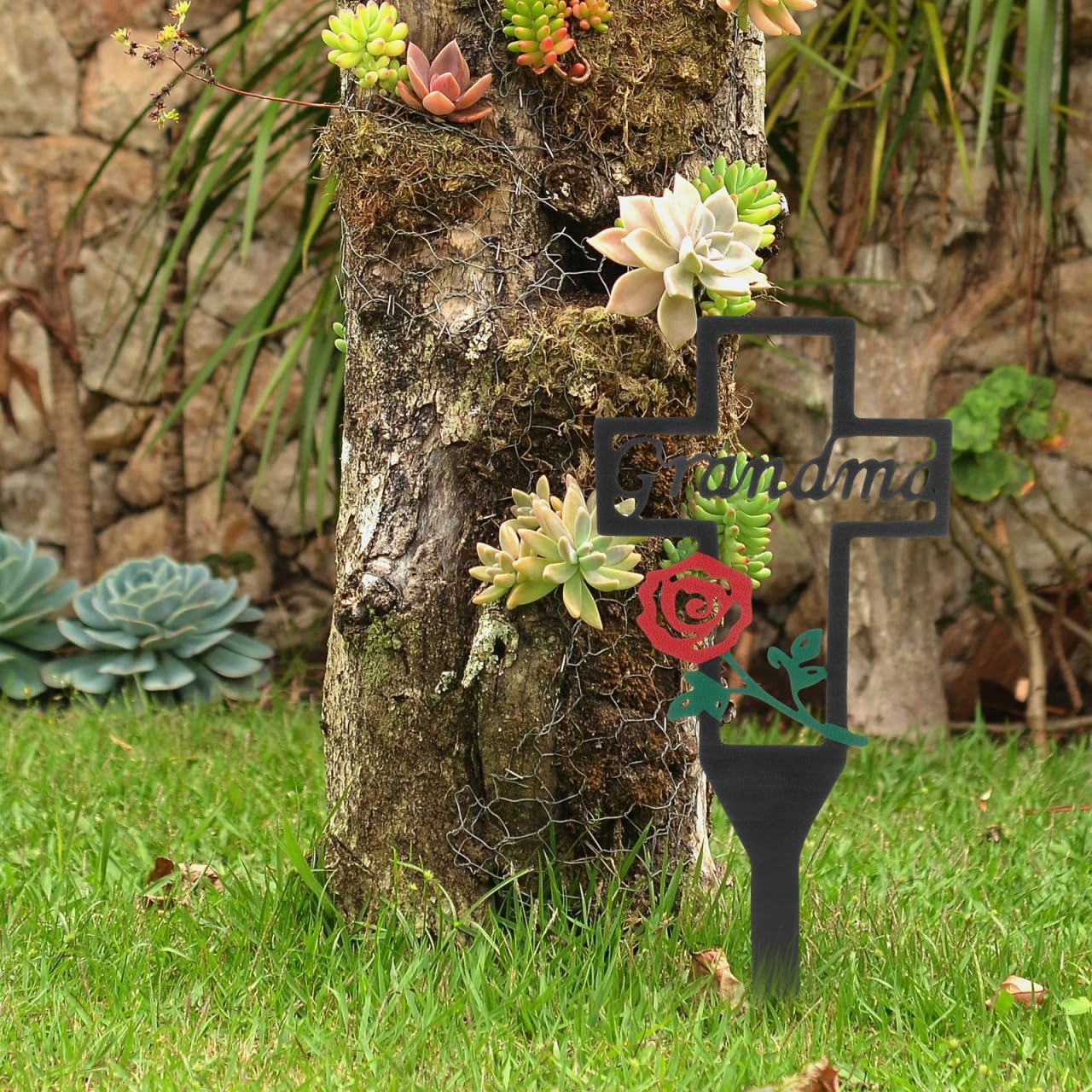 Yardwe Grandma Memorial Cross Cemetery Decorations for Grave Metal Marker Stake for Humans Outdoor Garden Yard Remembrance Sign Graveside Decoration Plaque with Rose