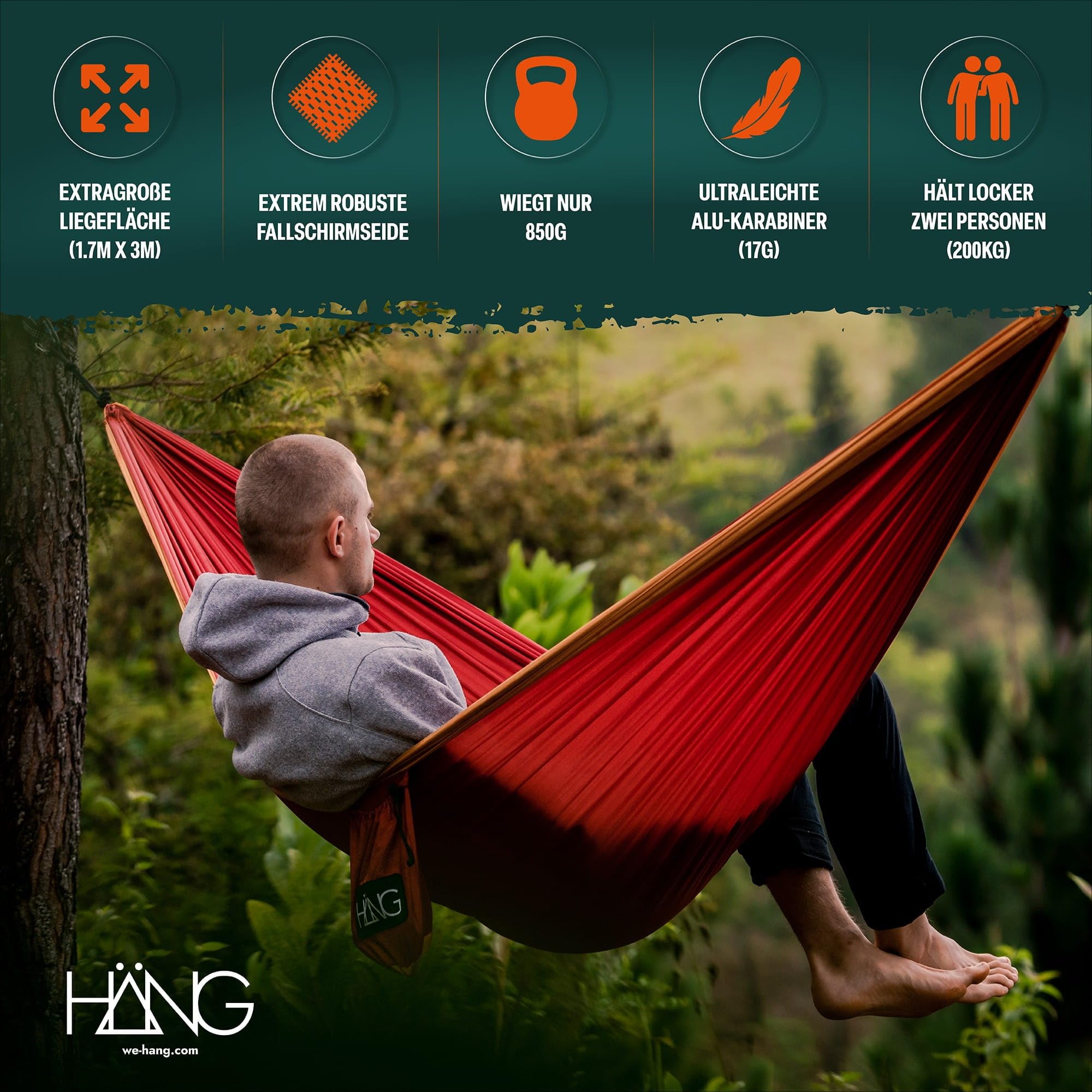 HÄNG Hamak XXL 300 x 170 cm do użytku na zewnątrz – odporny na warunki atmosferyczne i ultralekki (850 g), obciążenie 200 kg – dla 2 osób z jedwabiu spadochronowego, na kemping, w podróży i do ogrodu