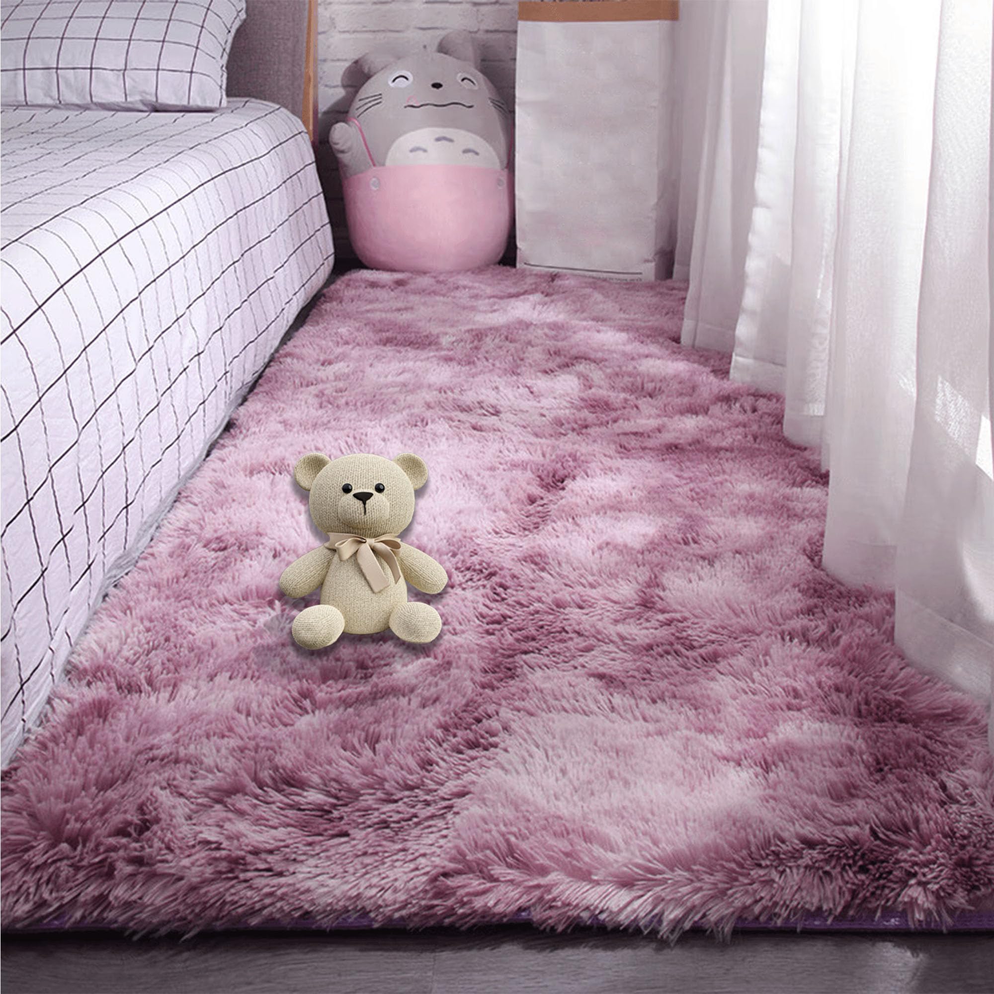 Tapis Salon Shaggy lavable en machine, tapis de chevet rose pourpre doux et facile à nettoyer