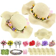 Cinrobiye 6 Set DIY Wide Brim Straw Hats Kit for Women Decorate Your Own Sun Hats with Flowers Rattan Ribbon for Tea Party Mothers Day Beach Birthday Wedding Supplies