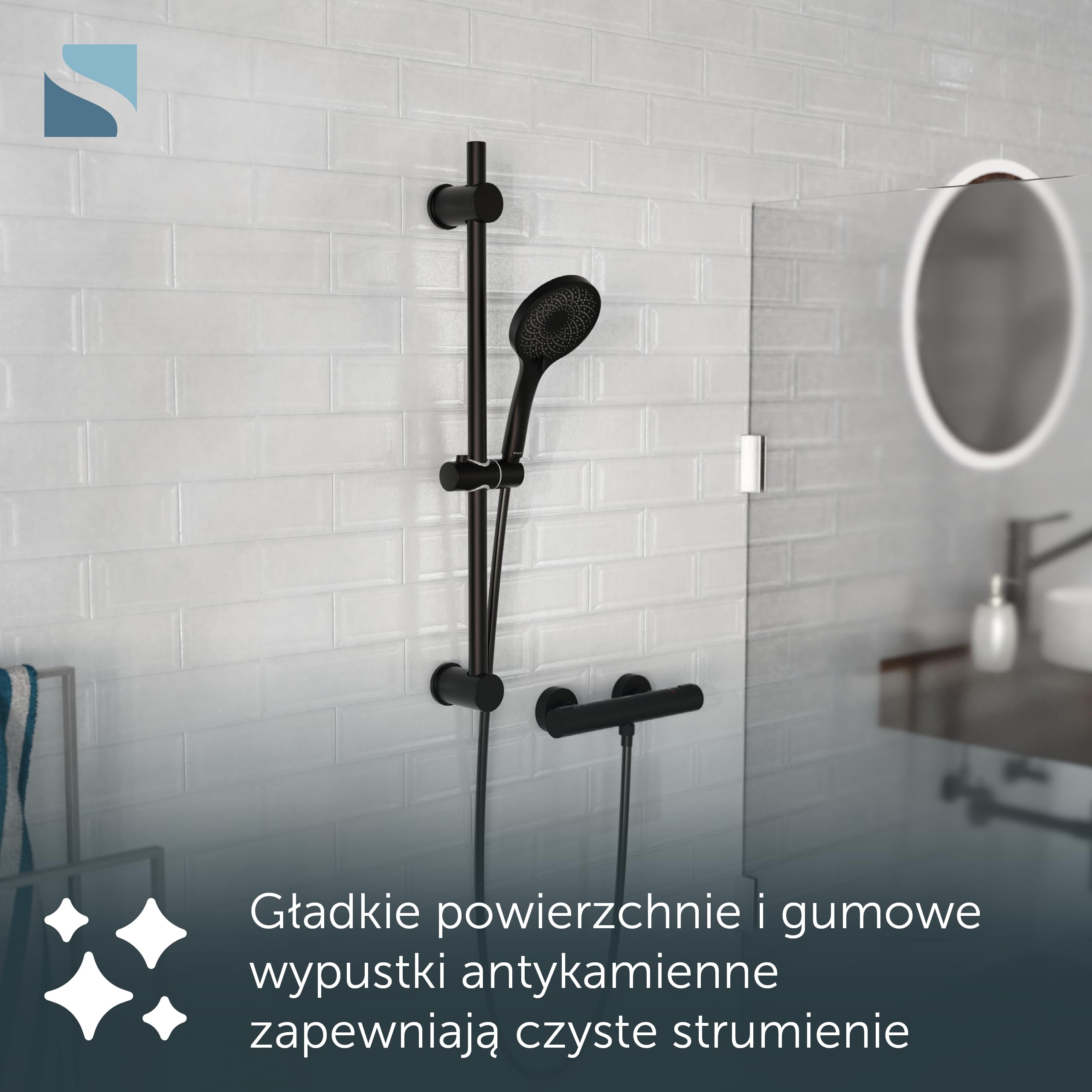 SCHÜTTE RAVEN drążek prysznicowy i słuchawka prysznicowa, z 3-stopniową regulacją głowicy prysznicowej, zestaw prysznicowy z kolumną prysznicową, panel prysznicowy z wężem, kolor czarny