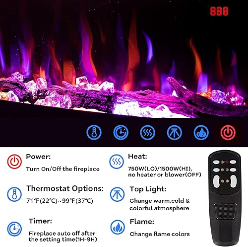 Miniatura 5 de Chimenea eléctrica de 42 pulgadas, calentador de chimenea empotrado en la pared, chimenea lineal de pared, troncos y opciones de cristal, 7501500 W,