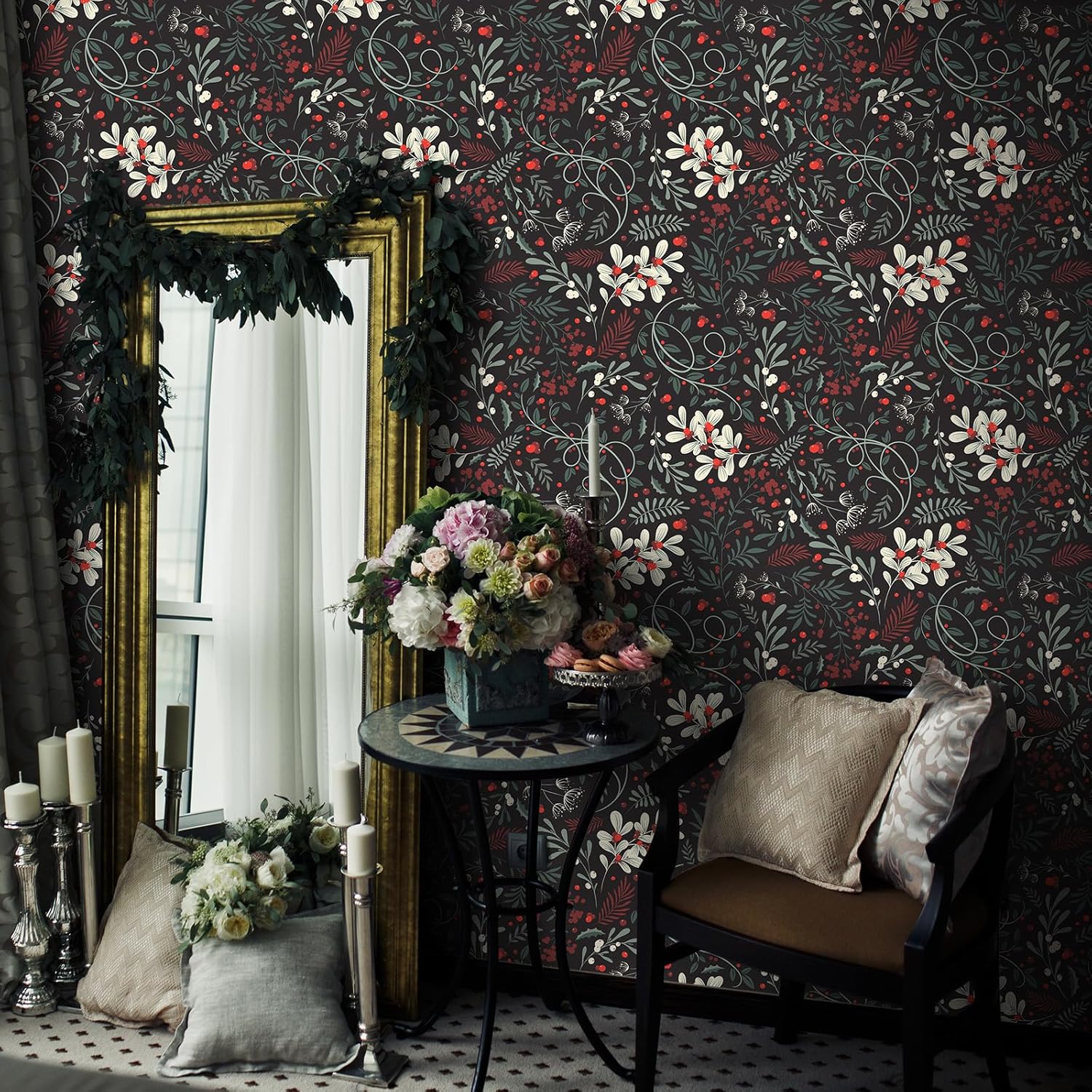 VaryStyle 17.7"x118" Black Floral Wallpaper Black/Green Leaf Floral Peel and Stick Wallpaper Dark Floral Contact Paper for Cabinets Walls Removable Self Adhesive Vinyl Wall Paper for Bedroom Bathroom