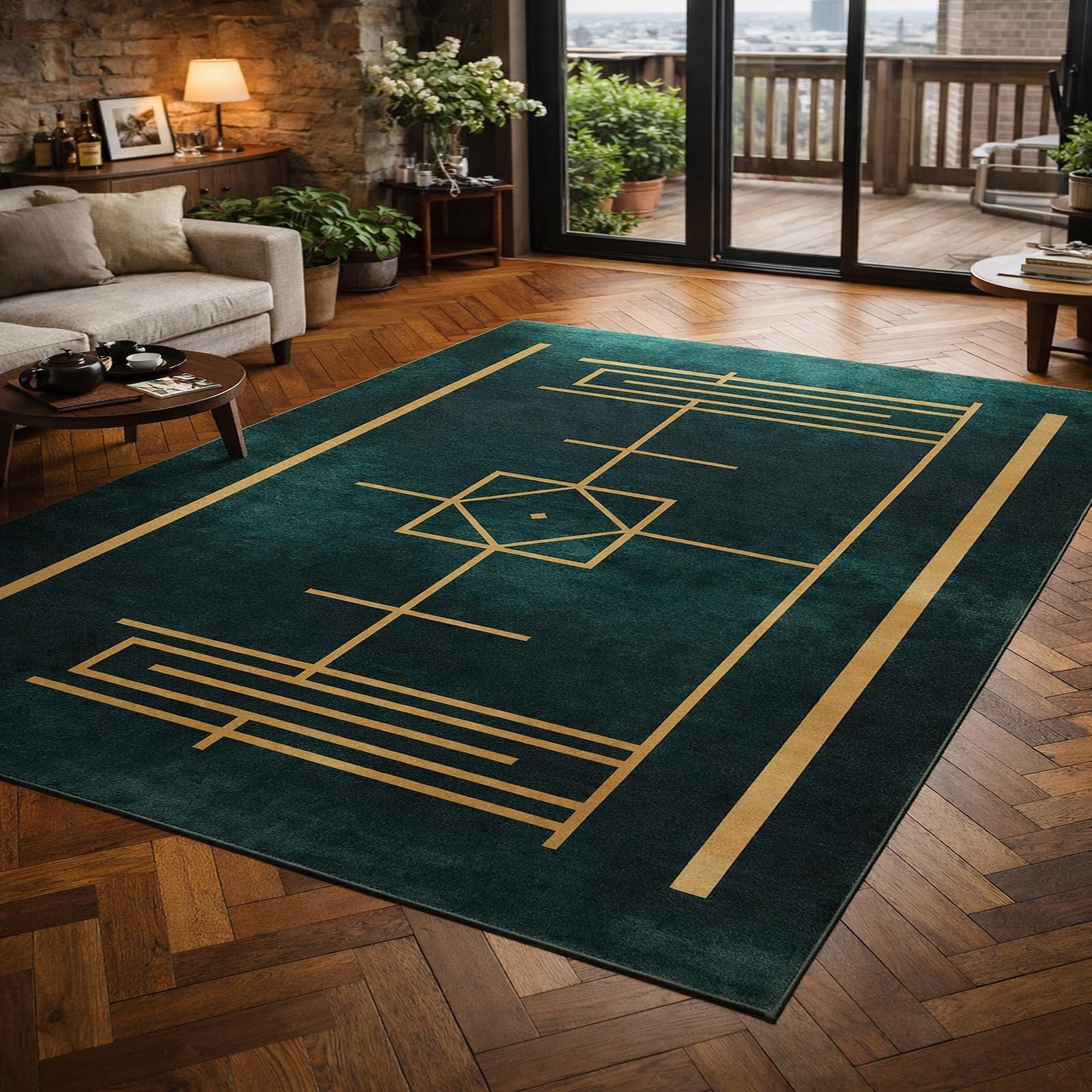 Alfombra para sala de estar Rururug geométrica verde de 180 x 250 cm
