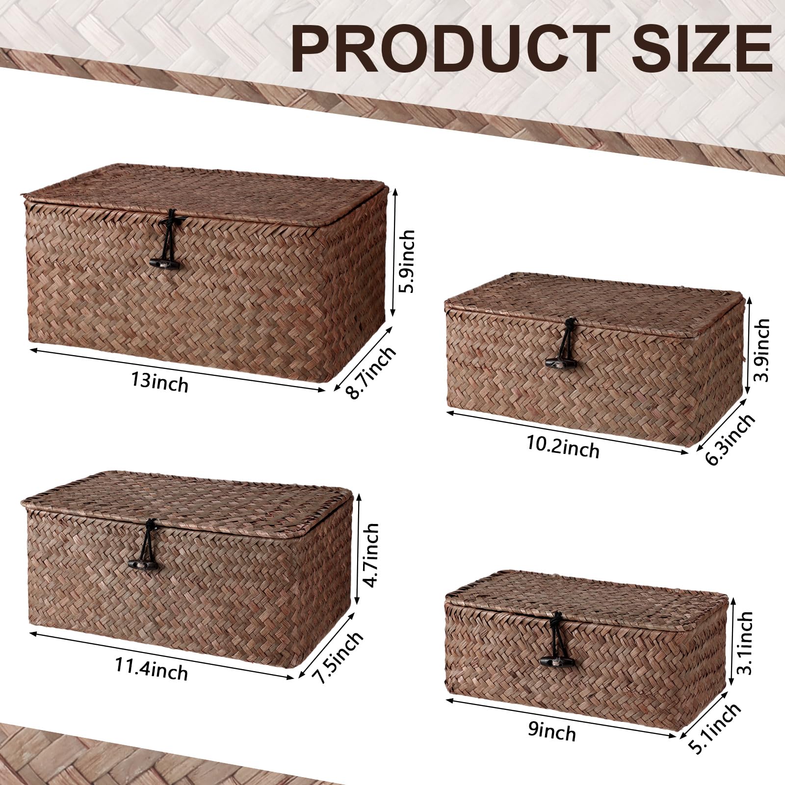 Juego de 4 cestas de almacenamiento de mimbre, contenedores de almacenamiento tejidos a mano con tapa para organizar, caja de utilidad para el hogar para suministros de oficina en el hogar, 2