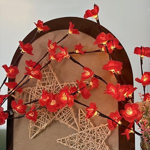 Miniatura 8 de Paquete de 2 luces LED rojas de ramas Bossom de ciruela, funciona con pilas, ramas artificiales, lamei floral, pequeñas ramitas de 30 pulgadas, 20