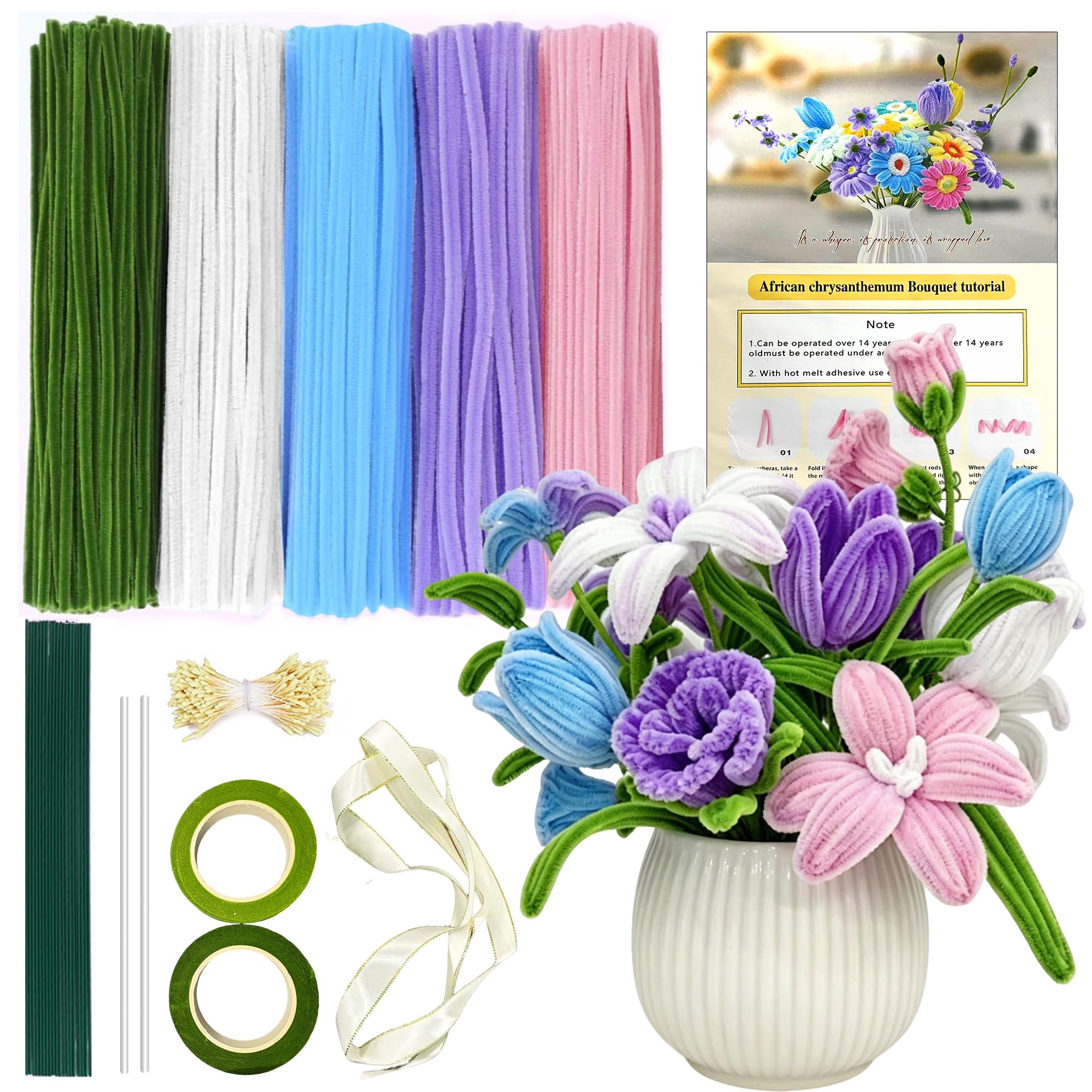 XiaoLidm 400PCS Pipe Cleaners for Craft Flowers, 5 Colours, Pipe Cleaner Flower Kit for Tulip Bouquets, Pipecleaners with Flower Stems, Stamens, Glue Sticks, Floral Tape & Ribbon for DIY Flowers