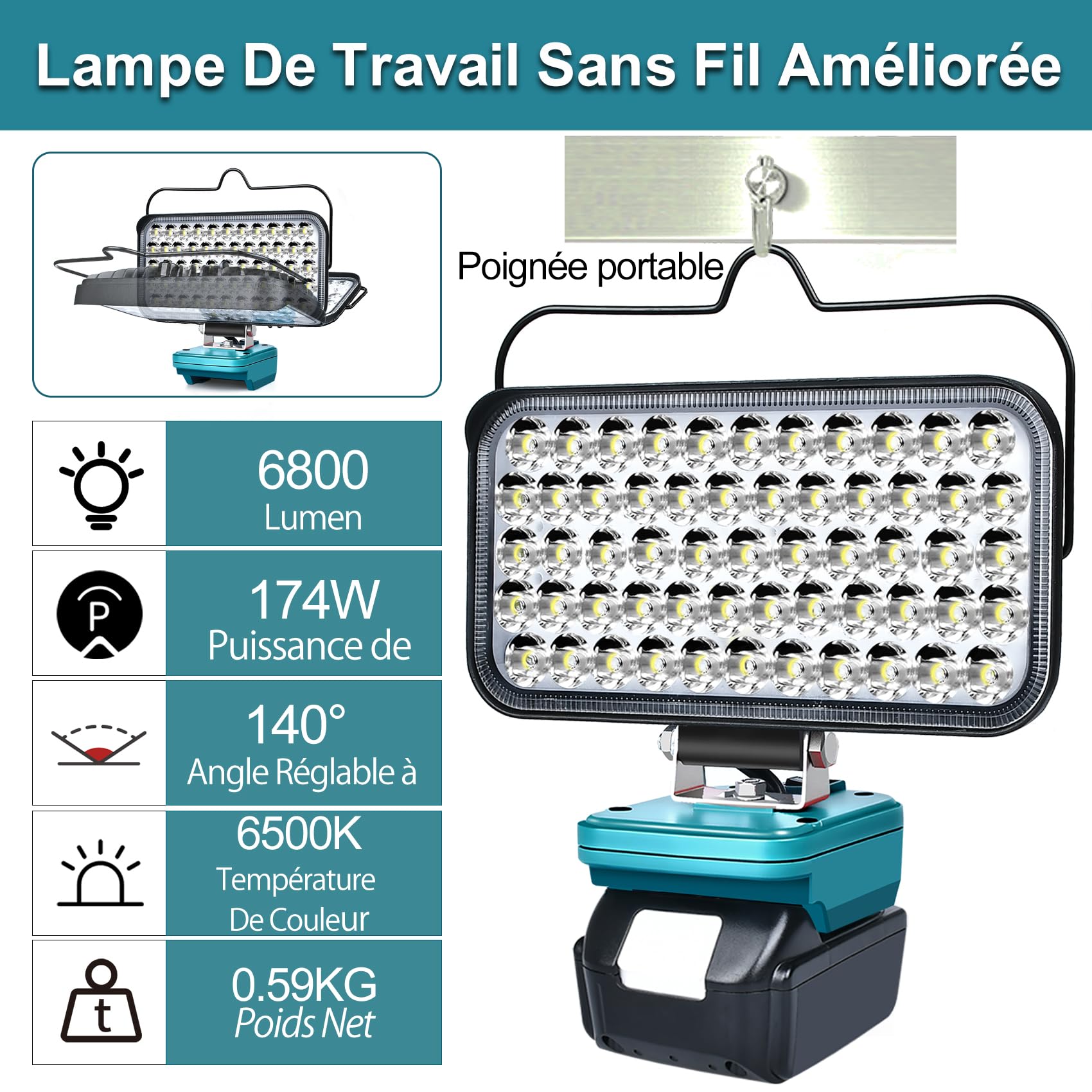 Lampe de Travail LED sans fil Compatible avec Batterie 18V, 174W 6800 LM, avec Port de Charge USB & Type-C, Protection Basse Tension, pour Jardin, Arrière-cour et Garage.
