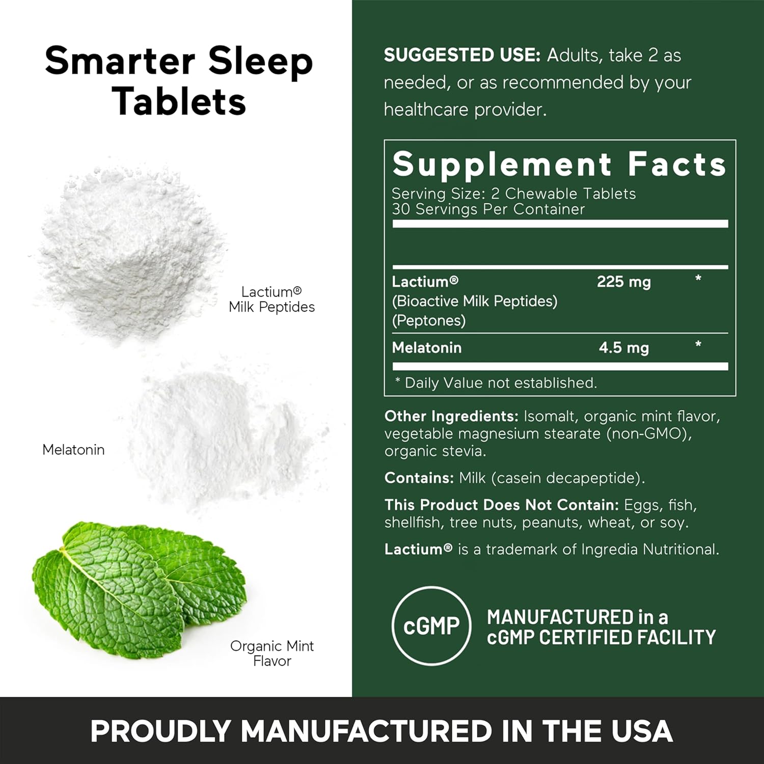 Smarter Nutrition Smarter Sleep Melatonin Dissolvable Tablets 4.5mg + Natural Clinically Proven Lactium® - Sleep & Stress Support - Mint Flavor Melatonin Tablets - Non-GMO-360 Count[180-Day Supply]
