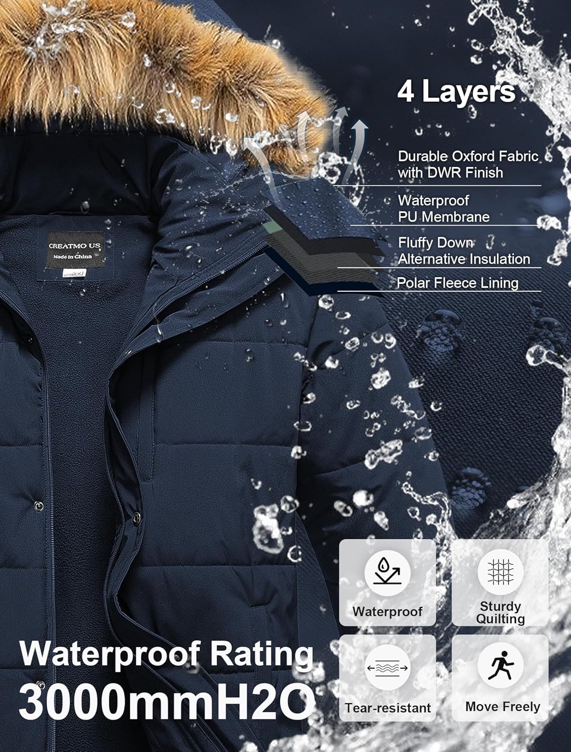 CREATMO US Men's Big and Tall Puffer Jacket Waterproof Winter Coats Fleece Lined Detachable Fur Hood Available In 2X To 6X - Image 4