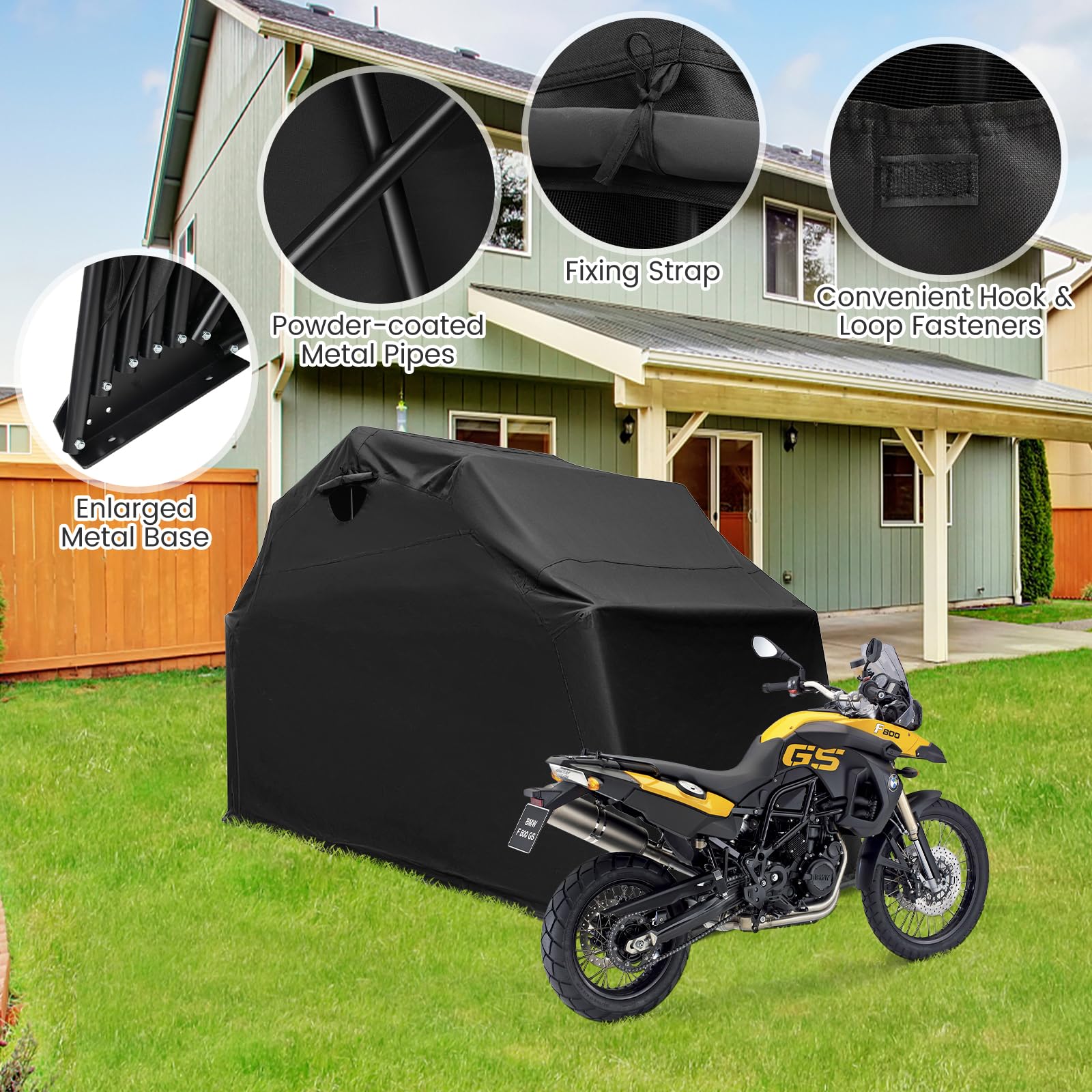 SOARS Abri de Jardin 342 X 137 X 193 CM, Housse Moto Exterieur en Tissu Oxford Imperméable, Base en Métal, Construction Stable, Fenêtre Enroulable, pour Moto, Velo, Jardin, Outils
