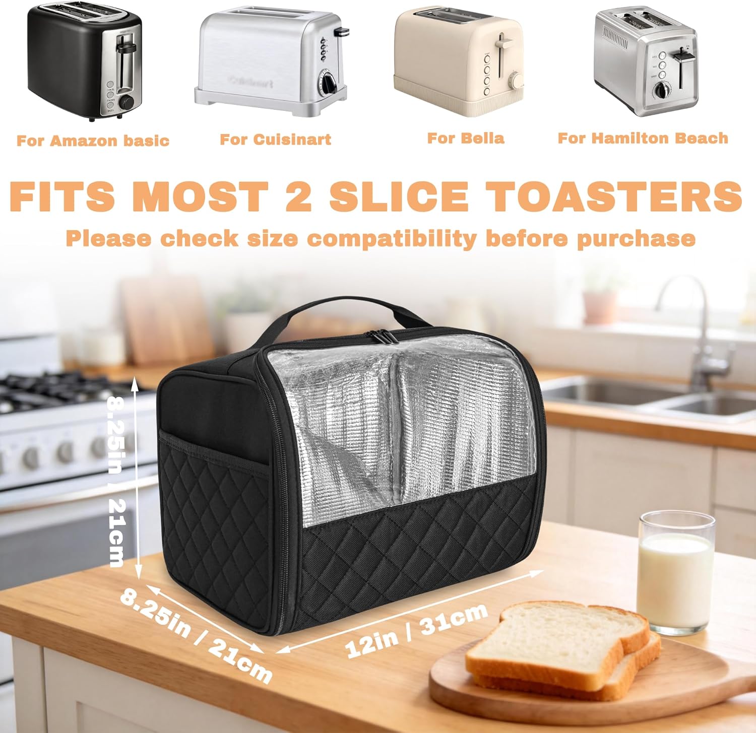 Wide Slot Toaster Cover 2 Slice with Enclosed Bottom and Side Pockets, Bag Compatible with Amazon Basics, Hamilton Beach,Cuisinart, Bella and Other 2 Slice Toaster, Black