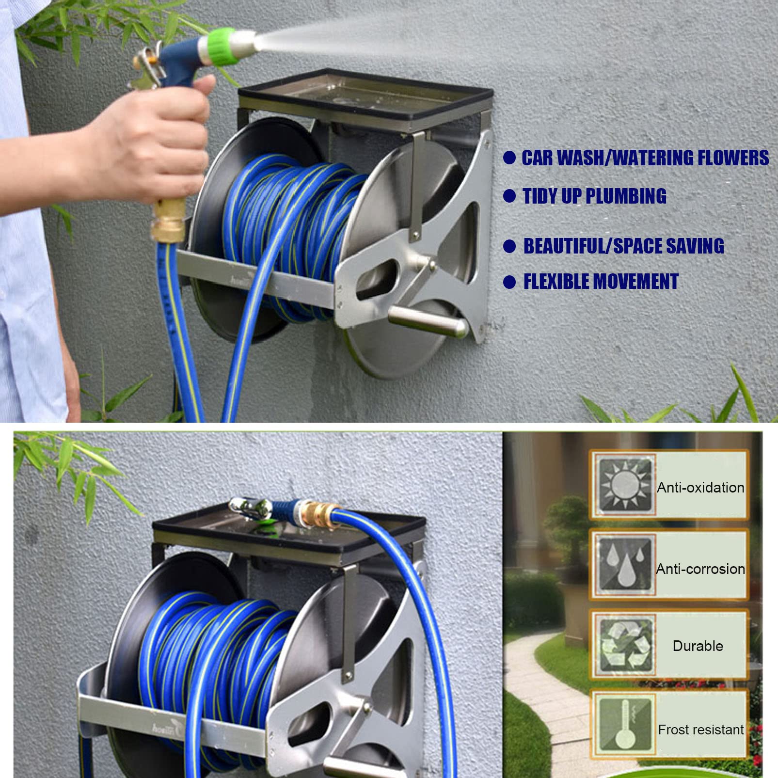 Soporte giratorio para manguera de jardín de pared, soporte de almacenamiento portátil de acero inoxidable con pistola pulverizadora, soporte para manguera de agua para patio