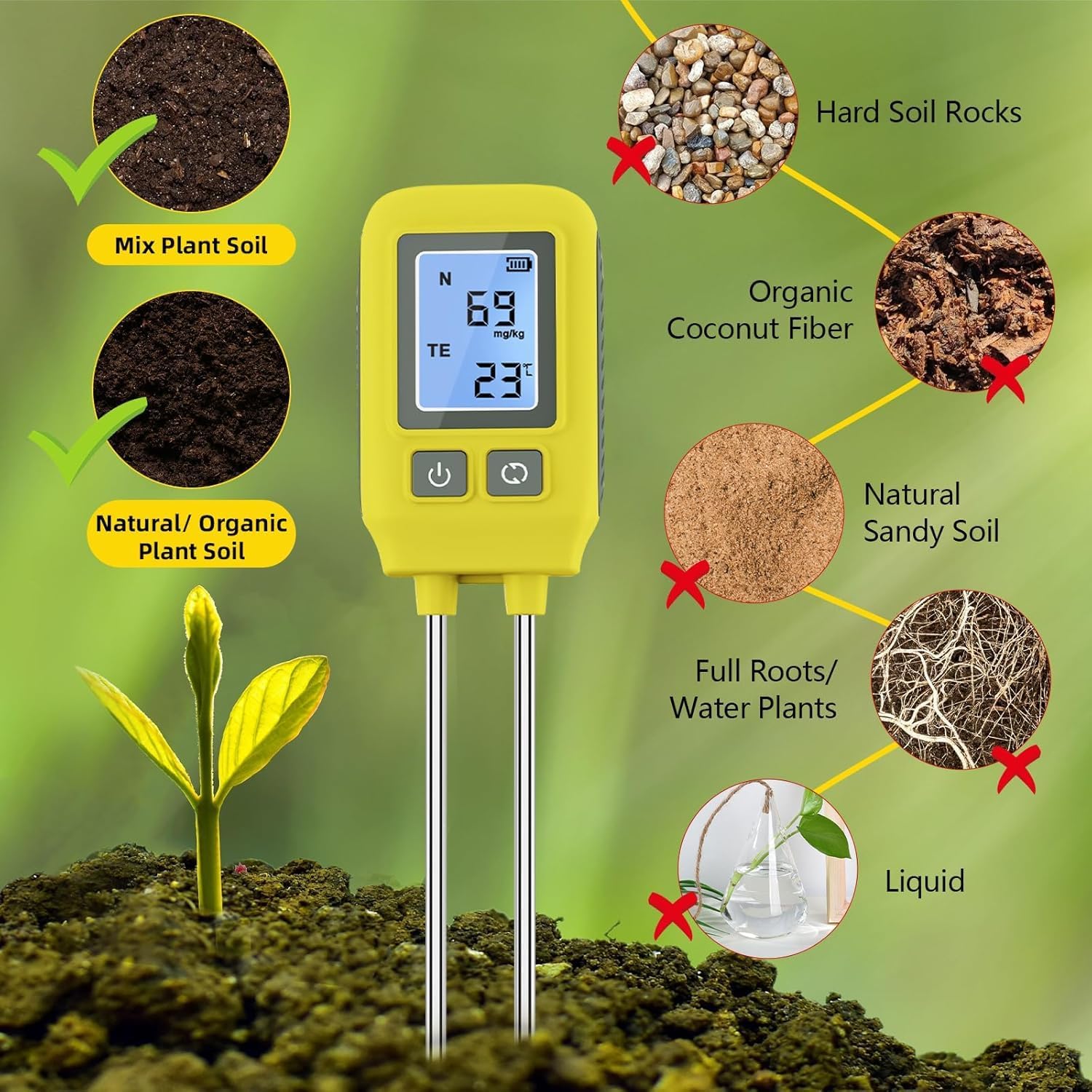 4 en 1 probador de Suelo, nitrógeno, fósforo, probador de potasio NPK con Pantalla Digital LCD, medidor de analizador de Suelo para jardinería, césped, Agricultura y Plantas al Aire Libre