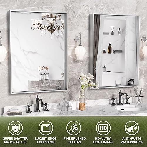 Miniatura 8 de Espejo de baño, espejo de pared de 22 x 30 pulgadas, marco de metal cepillado, espejo rectangular montado en la pared para sala de estar,