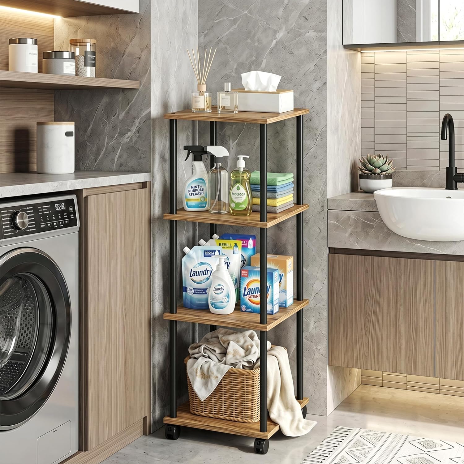 Bathroom Shelving Unit with Wheels, 4-Tier Narrow Open Floor Shelves, Metal Corner Slim Storage Rack for Bathroom Laundry Room Kitchen Living Room, Rustic Brown