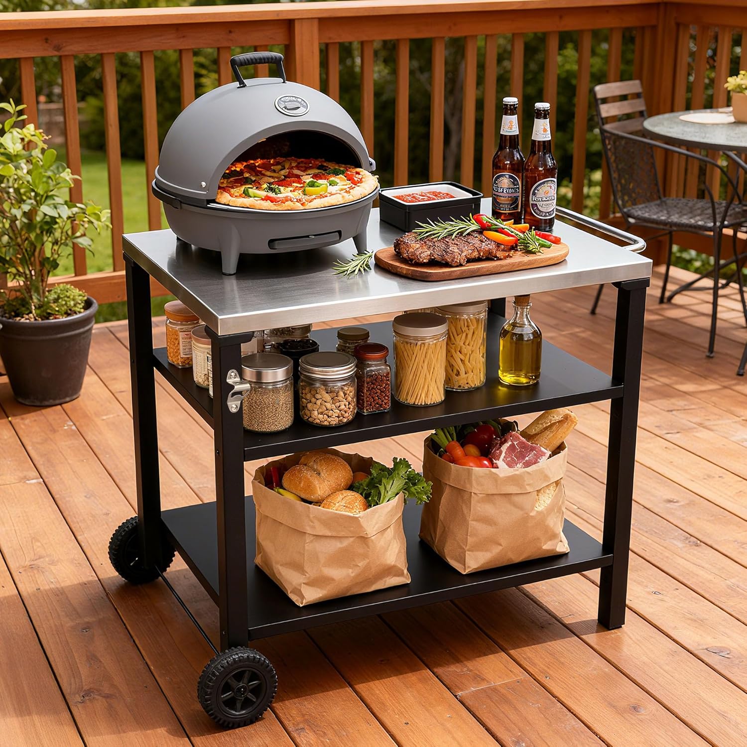 CubisVeta Stainless Steel Kitchen Workstation with Shelf & Wheels, Multipurpose Prep Table for Outdoor Cooking, BBQ, Patio & Indoor Kitchen, Heavy-Duty & Easy to Clean (34.7+Storage Basket)