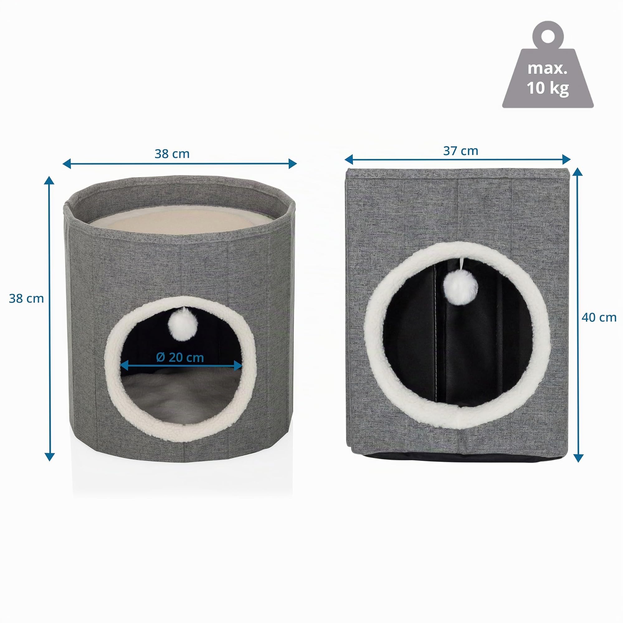 Grotta per gatti con palla da gioco, 38 x 38 cm, PAWY R, pieghevole, con tavola tiragraffi e cuscino Teddy, colore: grigio
