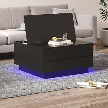 KEEPREAPER Black LED Square Coffee Table with 2 Drawers, Flip-Top Design