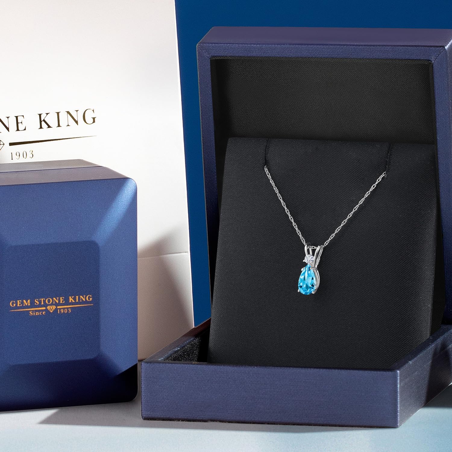 Gem Stone King 14K White Gold Swiss Blue Topaz and White Moissanite Pendant Necklace for Women | 1.02 Cttw | Gemstone November Birthstone | Pear Shape 8X5MM | With 18 Inch Chain - Image 5