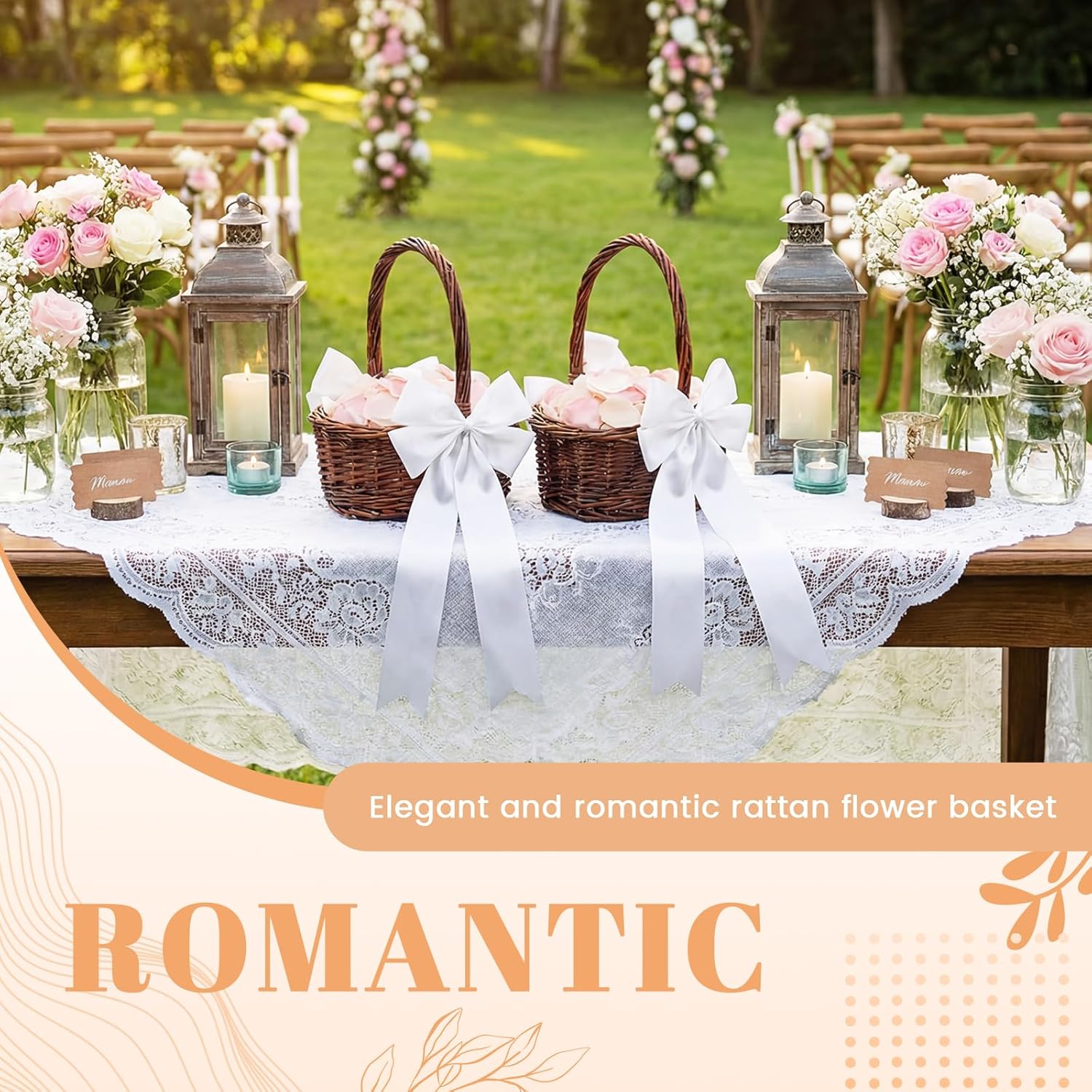 LemonRoad 2 Pcs Flower Girl Basket Wicker Rattan Small Flower Girl Baskets with Large White Ribbon Bow and Handle Retro Decoration Hand Woven for Wedding Candy Storage Picnic Home (Fashion Style)