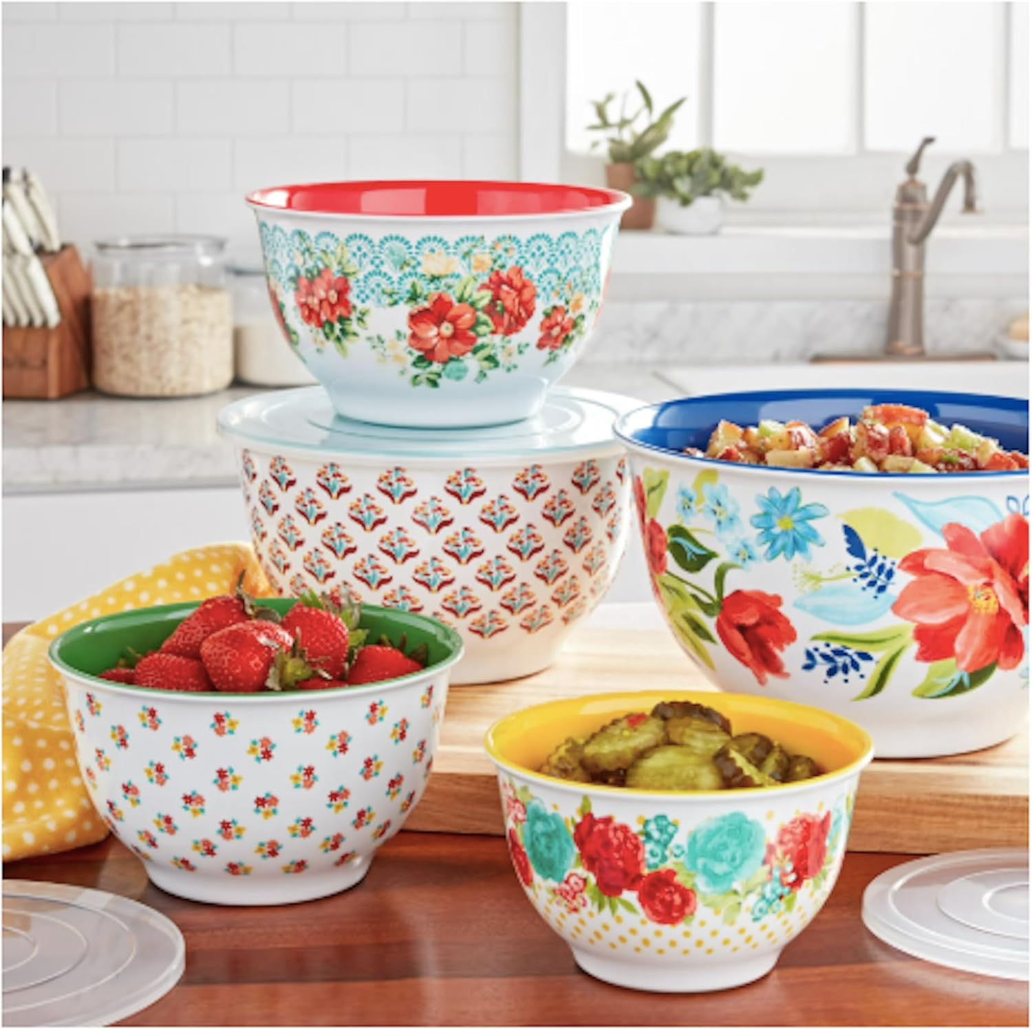 Floral Melamine Mixing Bowl Set, 10 Piece Set With Lids (Heritage Floral)