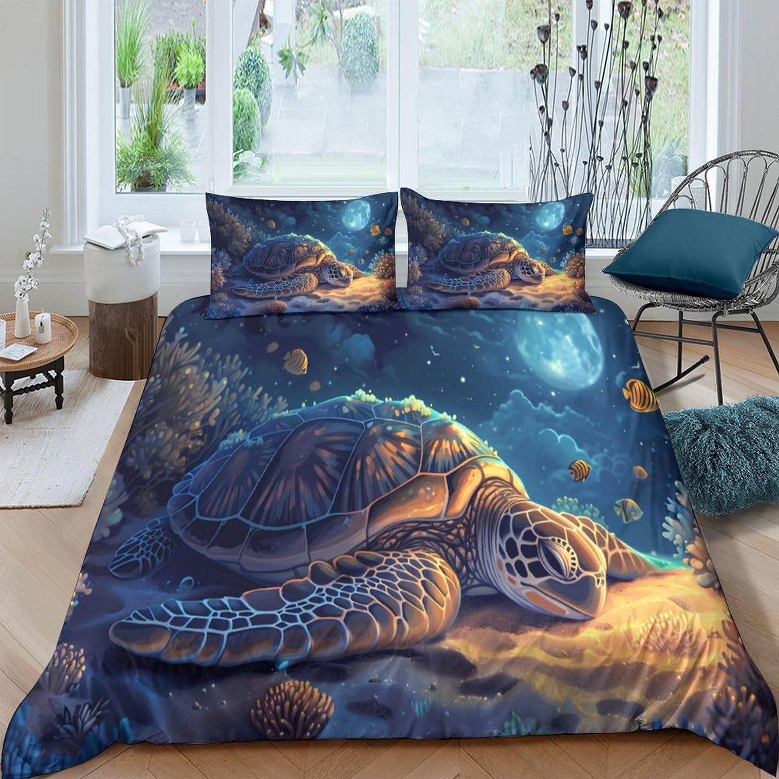 Ctjqhvkz Style-9 3D Printed Ocean Turtle Fitted Sheet Microfiber Soft Blue Sea Life Mattress Cover For Bedroom Dorm Decor Single（135X200cm）