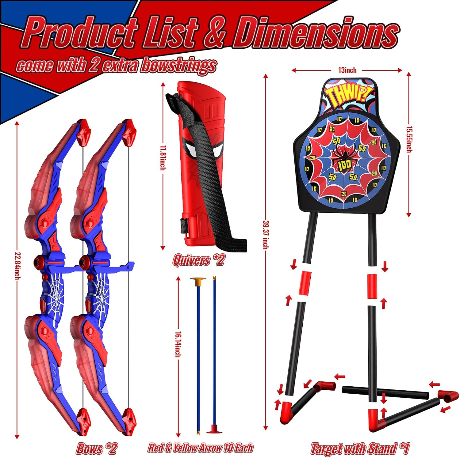 Spider Bow and Arrow Set for Kids, 2 Pack Led Archery Set, Bow Arrow Set with 20 Suction Cup Arrows, Target with Stand & 6 Target Cans, Birthday Gift Bow and Arrow Set for Kids 4-6