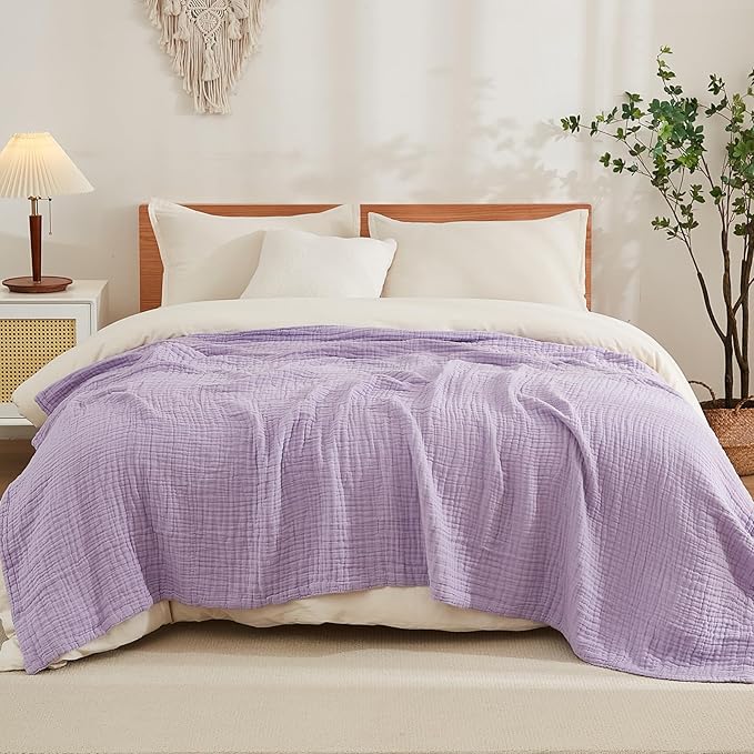 EMME Cotton Queen Size Blanket - Soft Muslin Bed Blanket, 80"x90", Lightweight, Breathable, All Season, Lavender